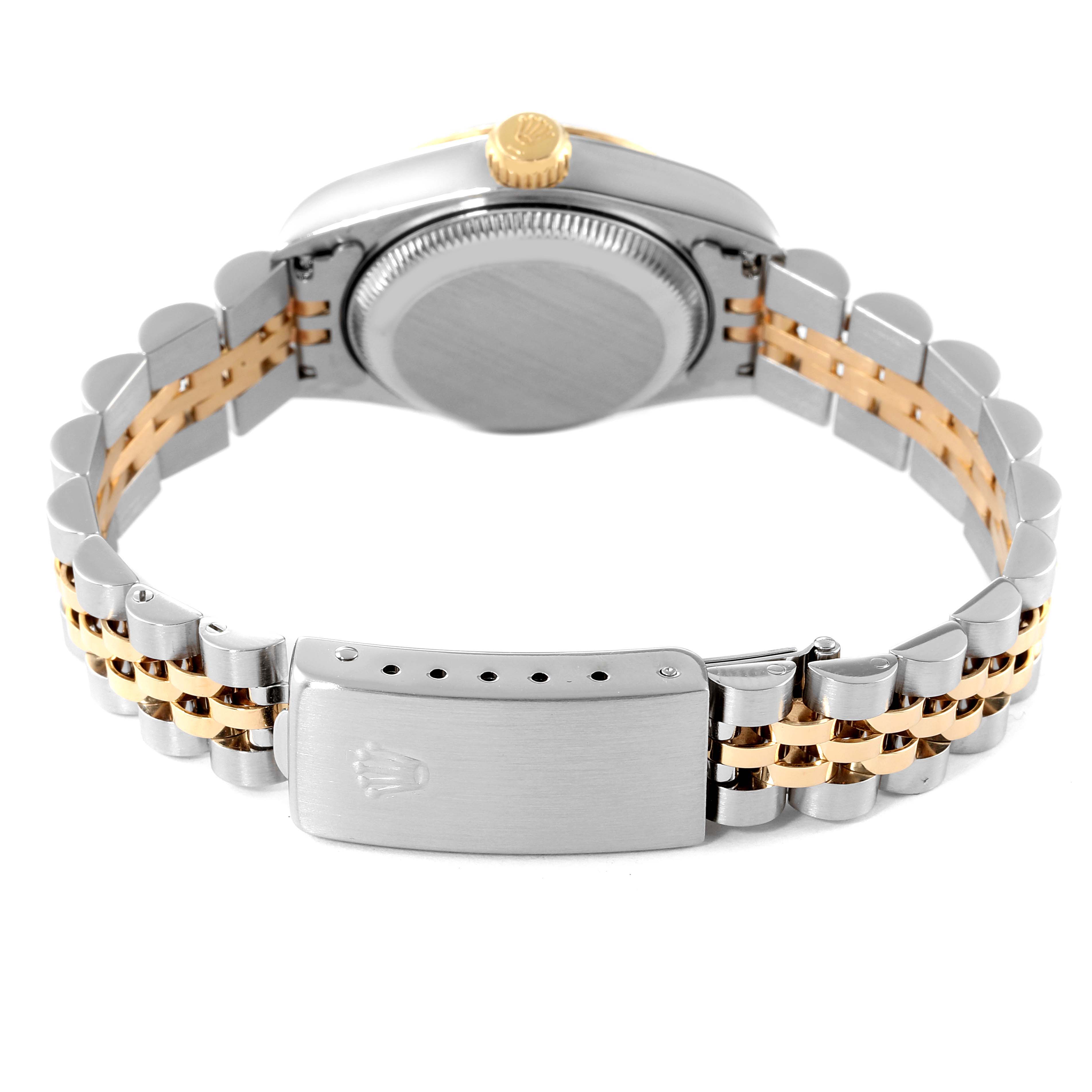 This image shows the back view of a Rolex Datejust 69173 Women
s Steel and Gold (two tone) White Dial 69173 Women
s Steel and Gold (two tone) White Dial watch, highlighting the bracelet and the clasp.