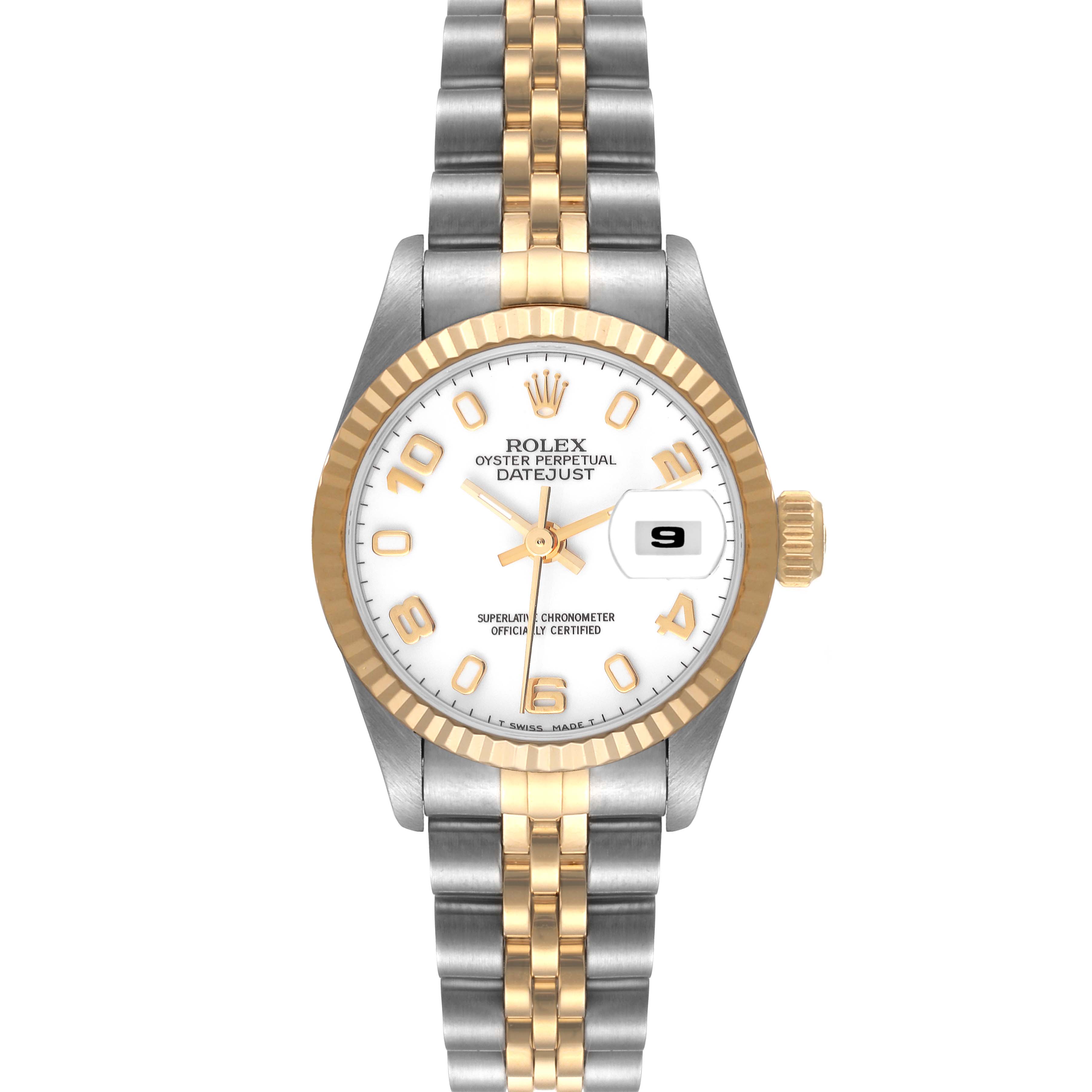 The image shows a front view of the Rolex Datejust 69173 Women
s Steel and Gold (two tone) White Dial 69173 Women
s Steel and Gold (two tone) White Dial watch, displaying the face, bezel, crown, and part of the bracelet.