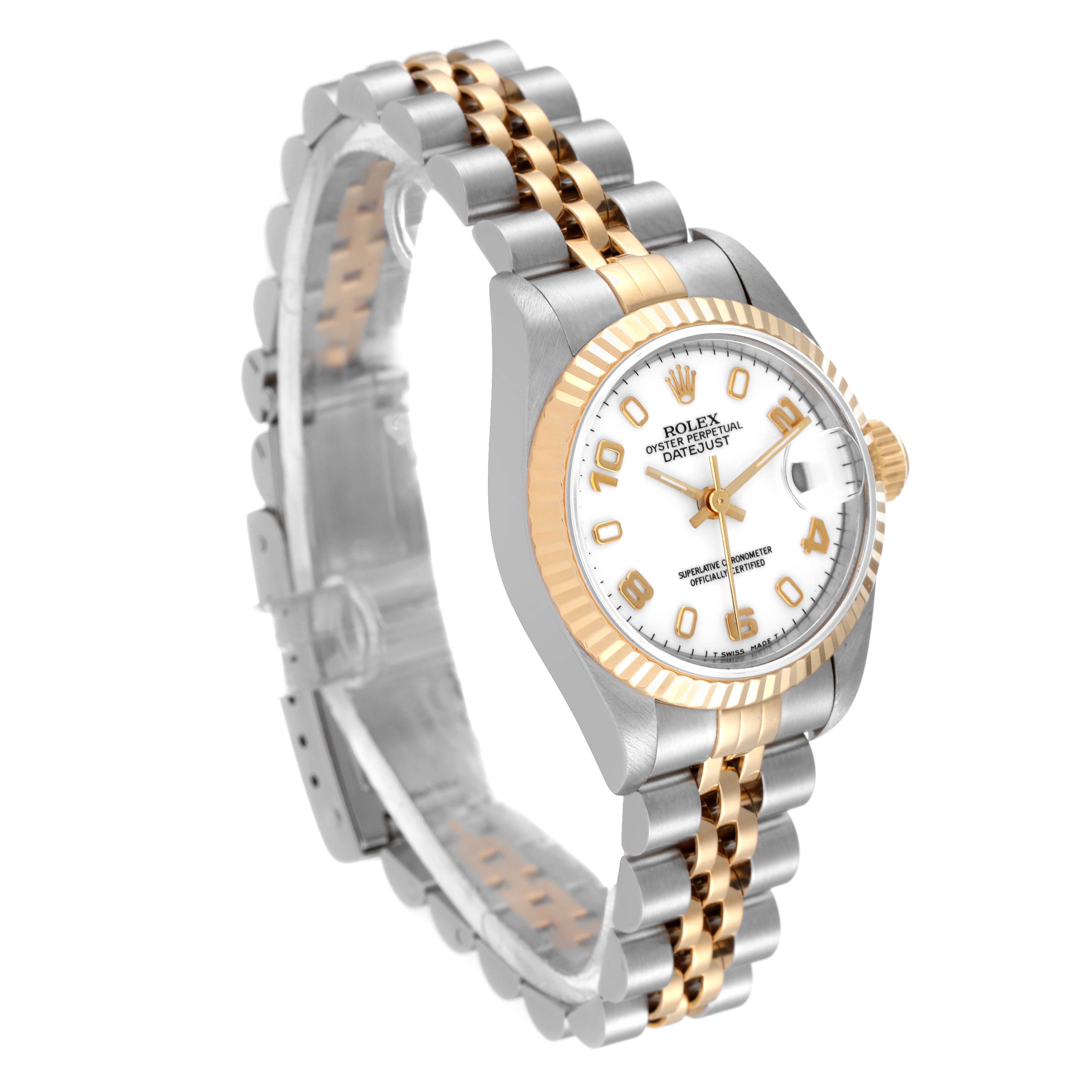 This is a Rolex Datejust 69173 Women
s Steel and Gold (two tone) White Dial 69173 Women
s Steel and Gold (two tone) White Dial watch shown at an angle showcasing the dial, bracelet, and bezel.