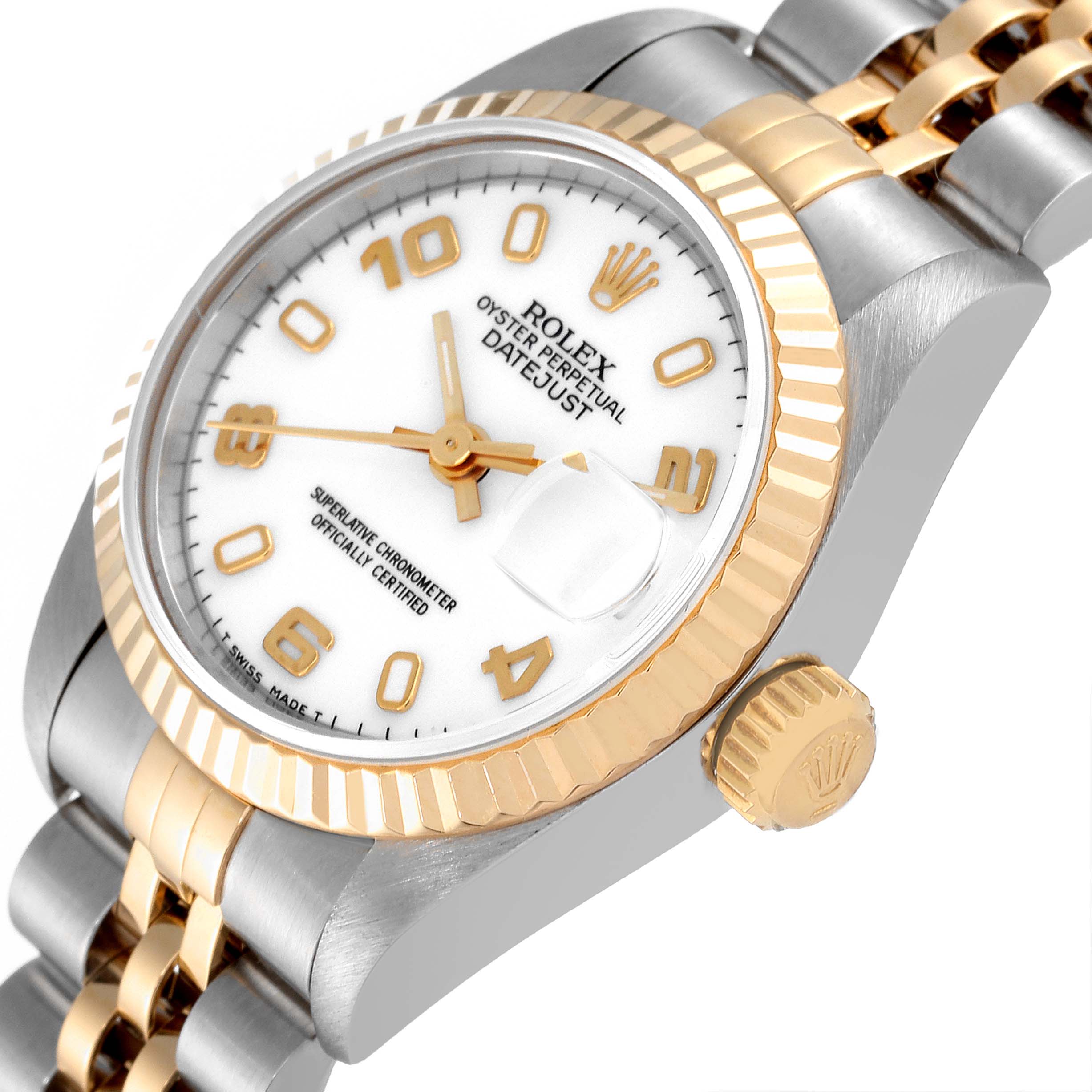 The Rolex Datejust 69173 Women
s Steel and Gold (two tone) White Dial 69173 Women
s Steel and Gold (two tone) White Dial watch is shown at an angled close-up, highlighting the face, crown, and part of the bracelet.