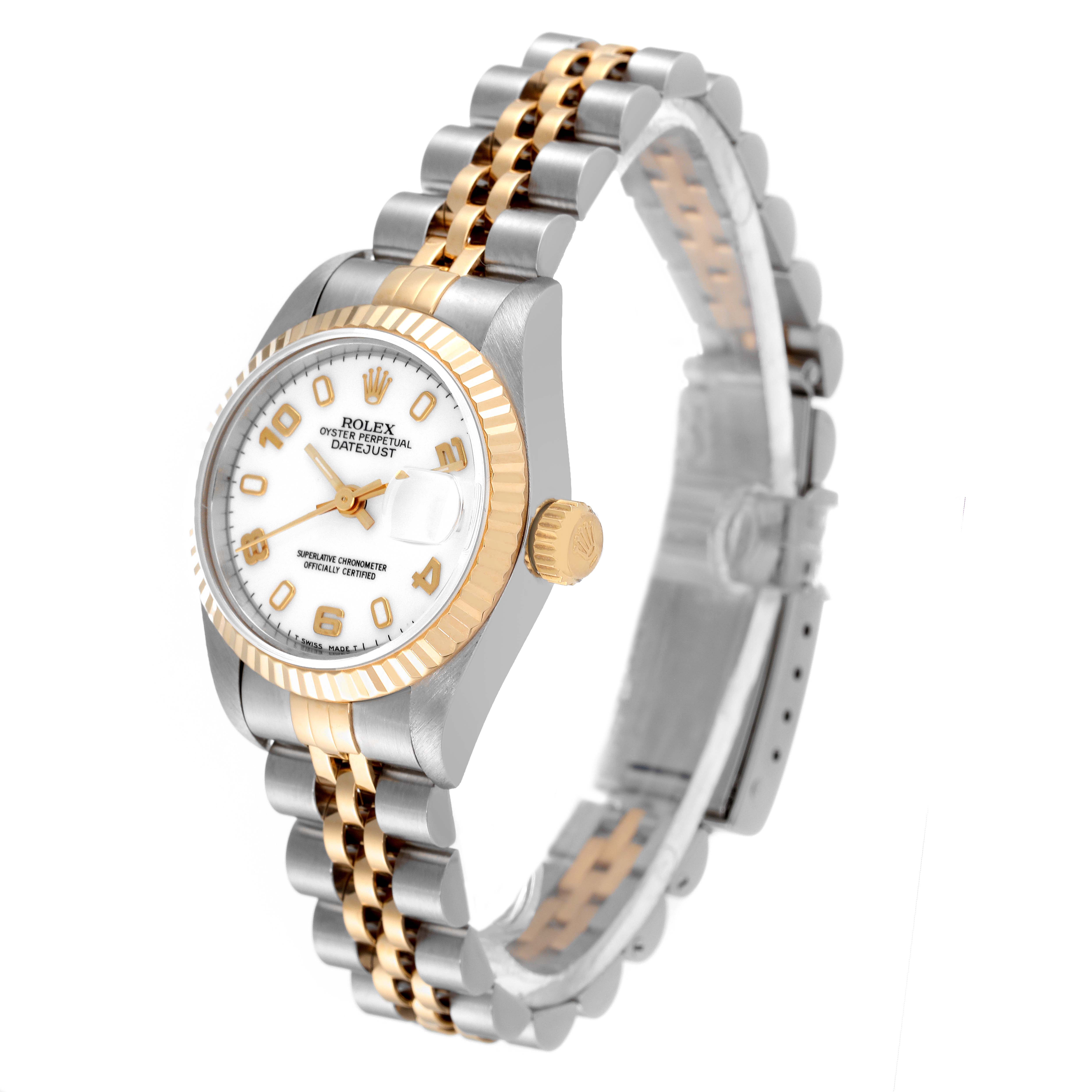 The image shows a Rolex Datejust 69173 Women
s Steel and Gold (two tone) White Dial 69173 Women
s Steel and Gold (two tone) White Dial watch at a 3/4 angle, highlighting the face, bezel, crown, and two-tone bracelet.