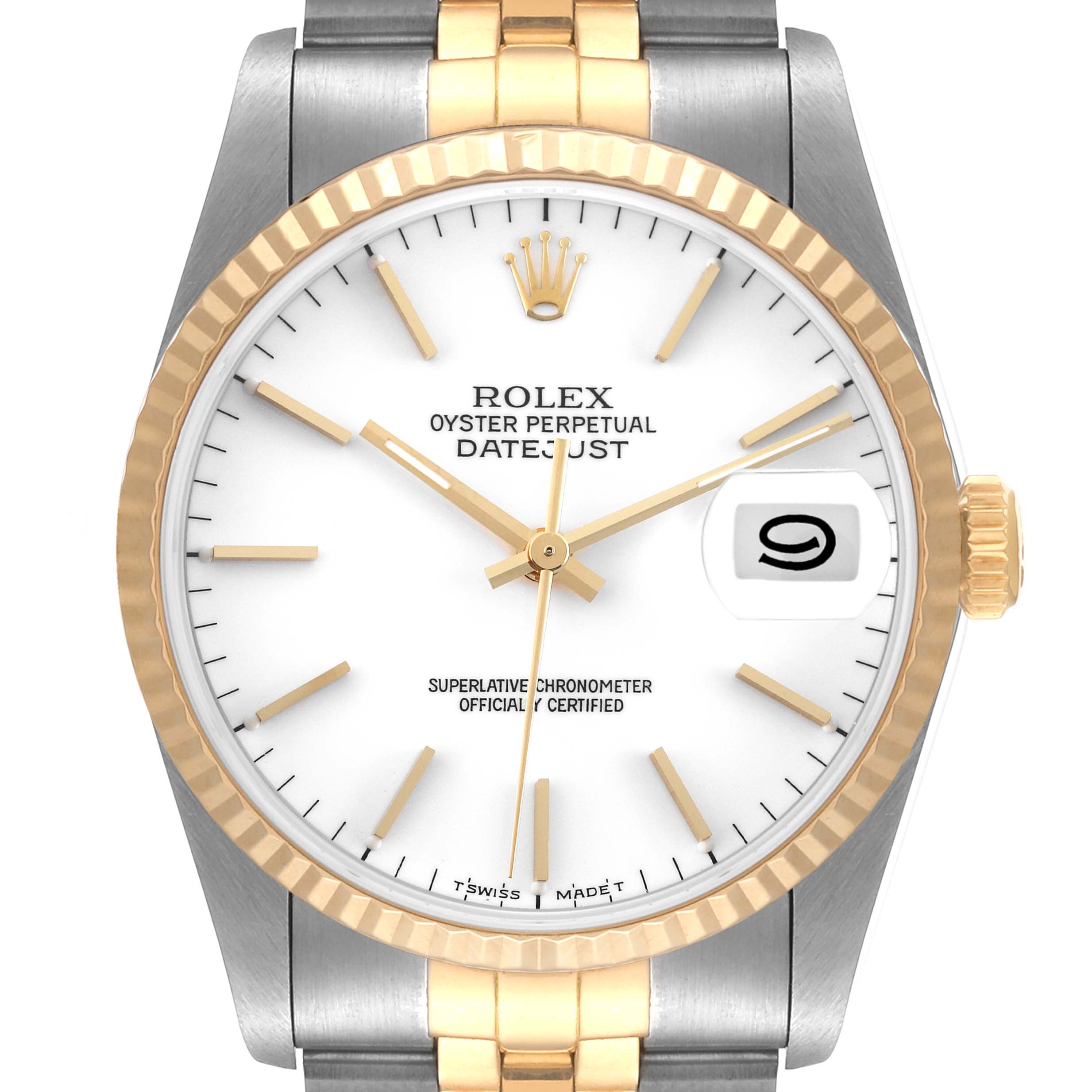 The Rolex Datejust 16233 Men's Steel and Gold (two tone) White Dial 16233 Men's Steel and Gold (two tone) White Dial watch is shown from the front, highlighting the dial, hands, date window, bezel, crown, and part of the bracelet.