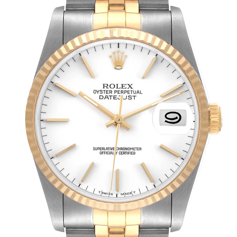 The Rolex Datejust watch is shown from the front, highlighting the dial, hands, date window, bezel, crown, and part of the bracelet.