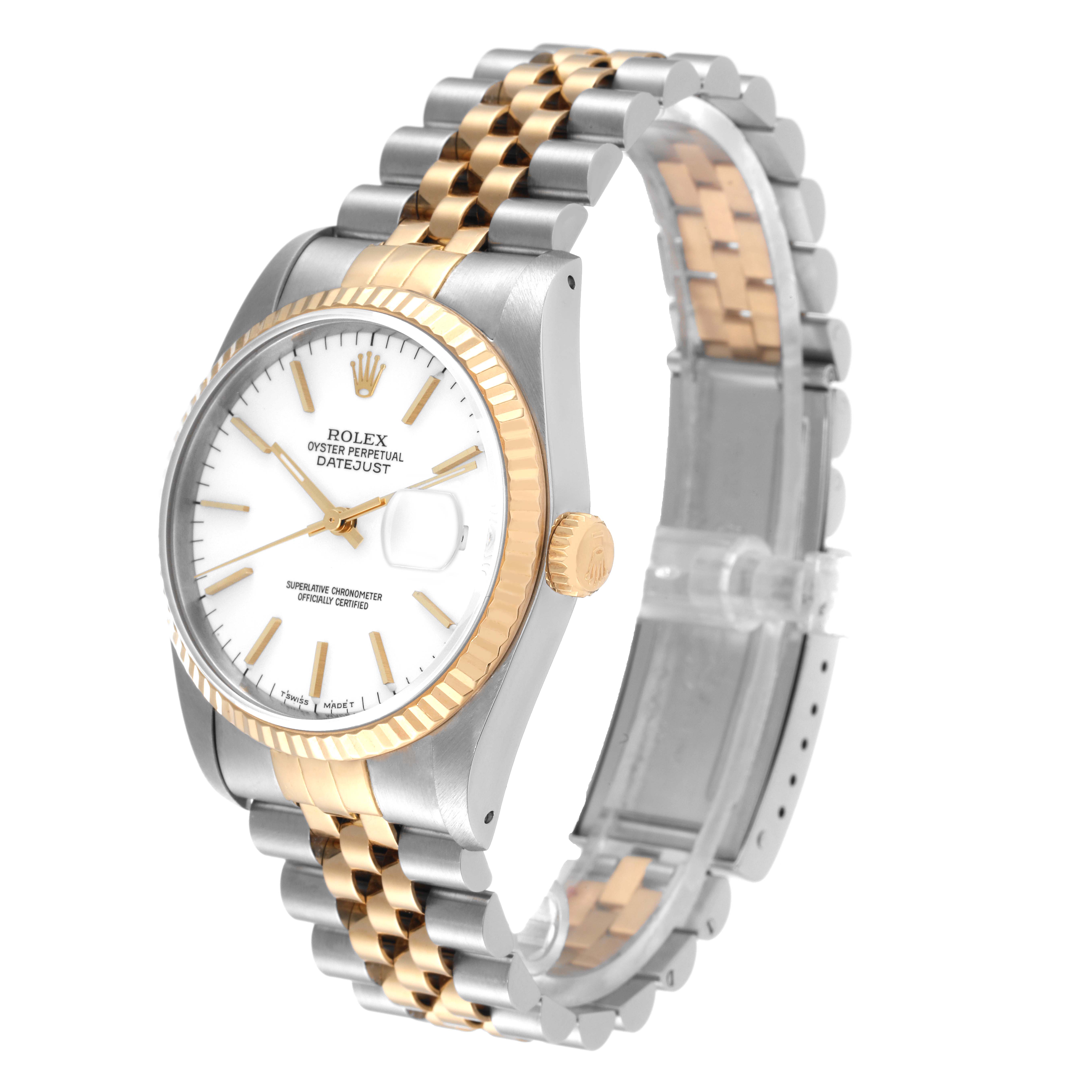 The image shows a side and top angled view of a Rolex Datejust 16233 Men's Steel and Gold (two tone) White Dial 16233 Men's Steel and Gold (two tone) White Dial watch, highlighting its two-tone bracelet, dial, and fluted bezel.