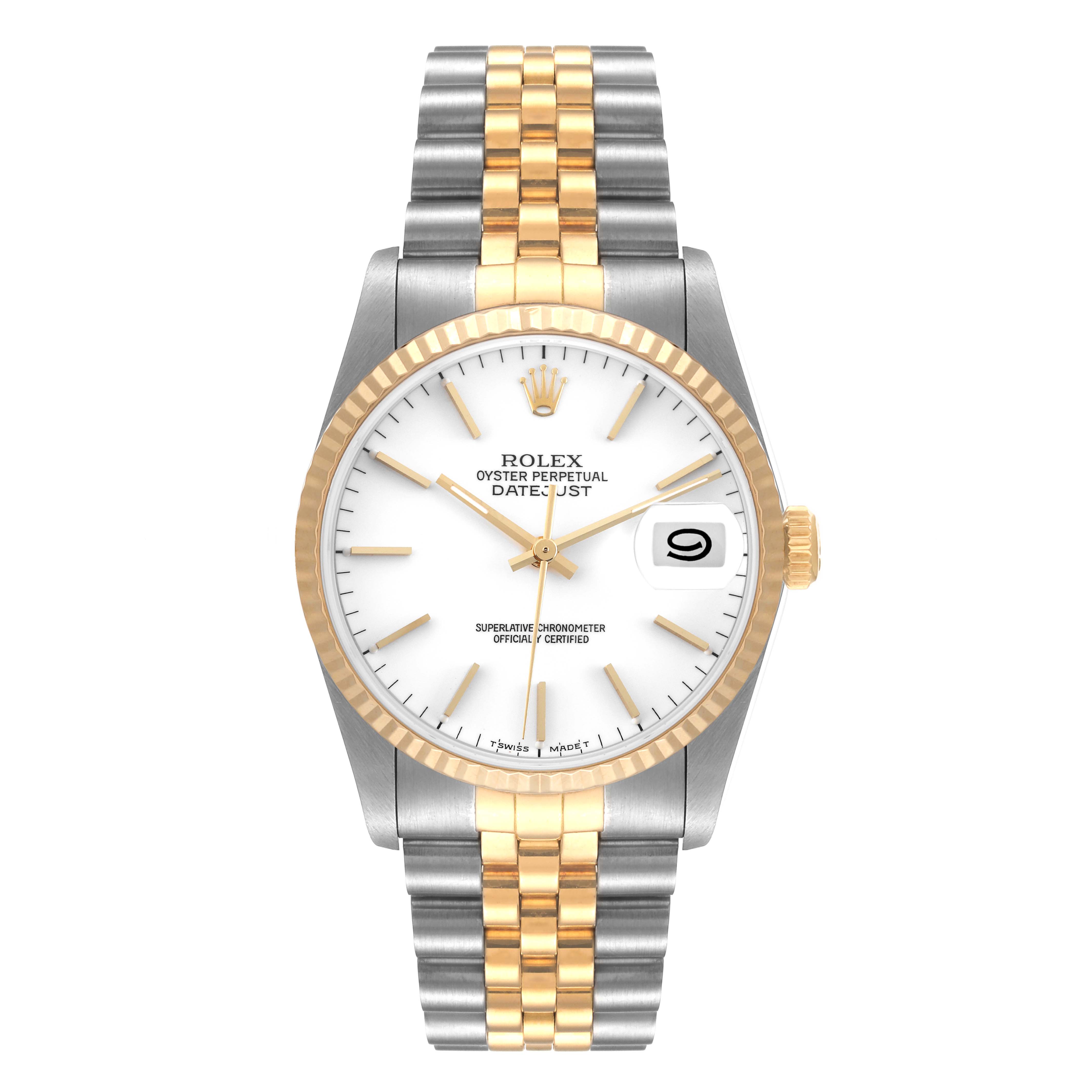 The image shows a front view of a Rolex Datejust 16233 Men's Steel and Gold (two tone) White Dial 16233 Men's Steel and Gold (two tone) White Dial watch with a two-tone bracelet and a white dial.