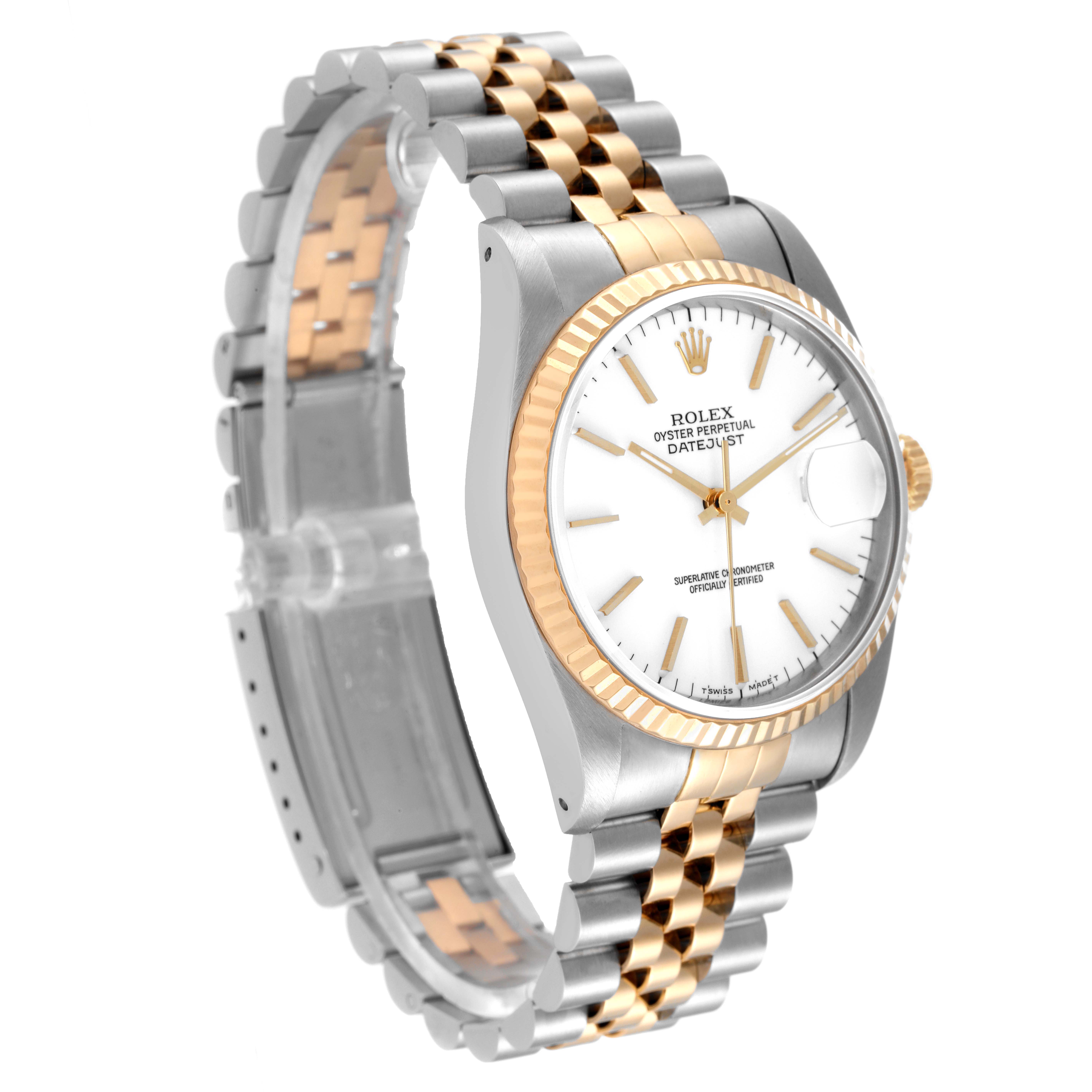The Rolex Datejust 16233 Men's Steel and Gold (two tone) White Dial 16233 Men's Steel and Gold (two tone) White Dial watch is shown at a slight angle, highlighting its face, fluted bezel, and two-tone bracelet.