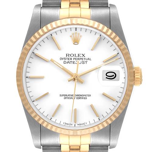 This image shows the face of the Rolex Datejust watch, highlighting the dial, hands, date window, and part of the bracelet.