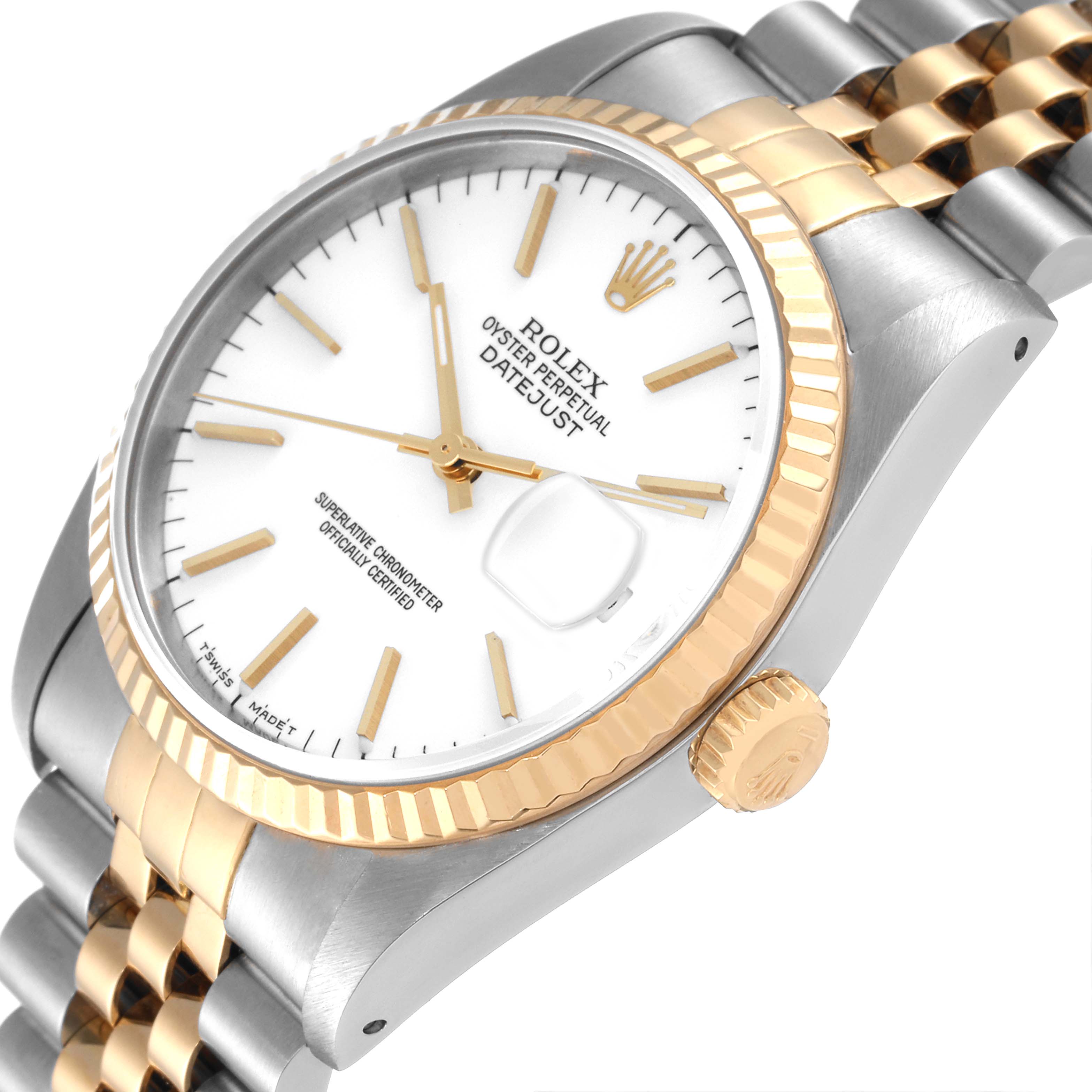 The image shows a close-up of the Rolex Datejust 16233 Men's Steel and Gold (two tone) White Dial 16233 Men's Steel and Gold (two tone) White Dial watch face, bezel, part of the bracelet, and crown, viewed from an angle.