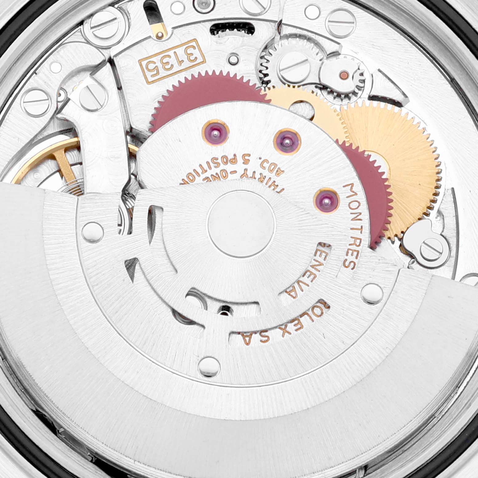 The image shows a close-up of the internal movement mechanism of a Rolex Datejust 16233 Men's Steel and Gold (two tone) White Dial 16233 Men's Steel and Gold (two tone) White Dial watch.