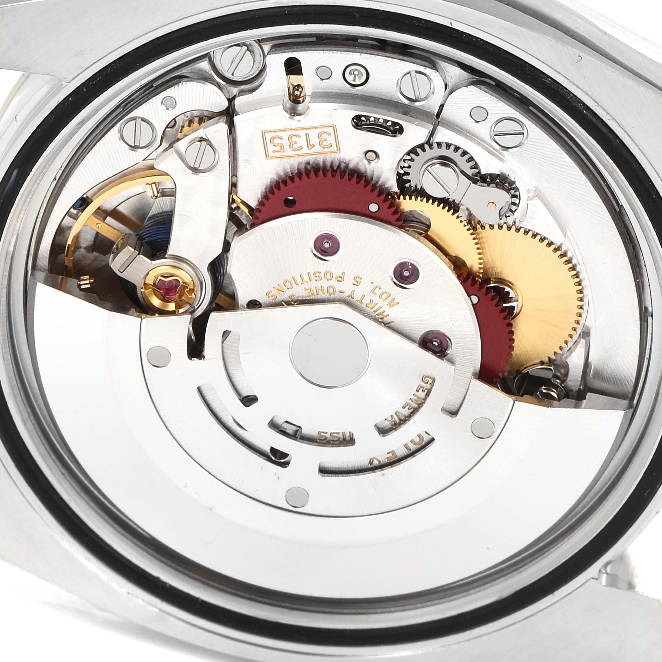 This image shows the intricate movement mechanism of a Rolex Datejust 116233 Men's Steel and Gold (two tone) White Dial 116233 Men's Steel and Gold (two tone) White Dial watch from a back or interior angle.