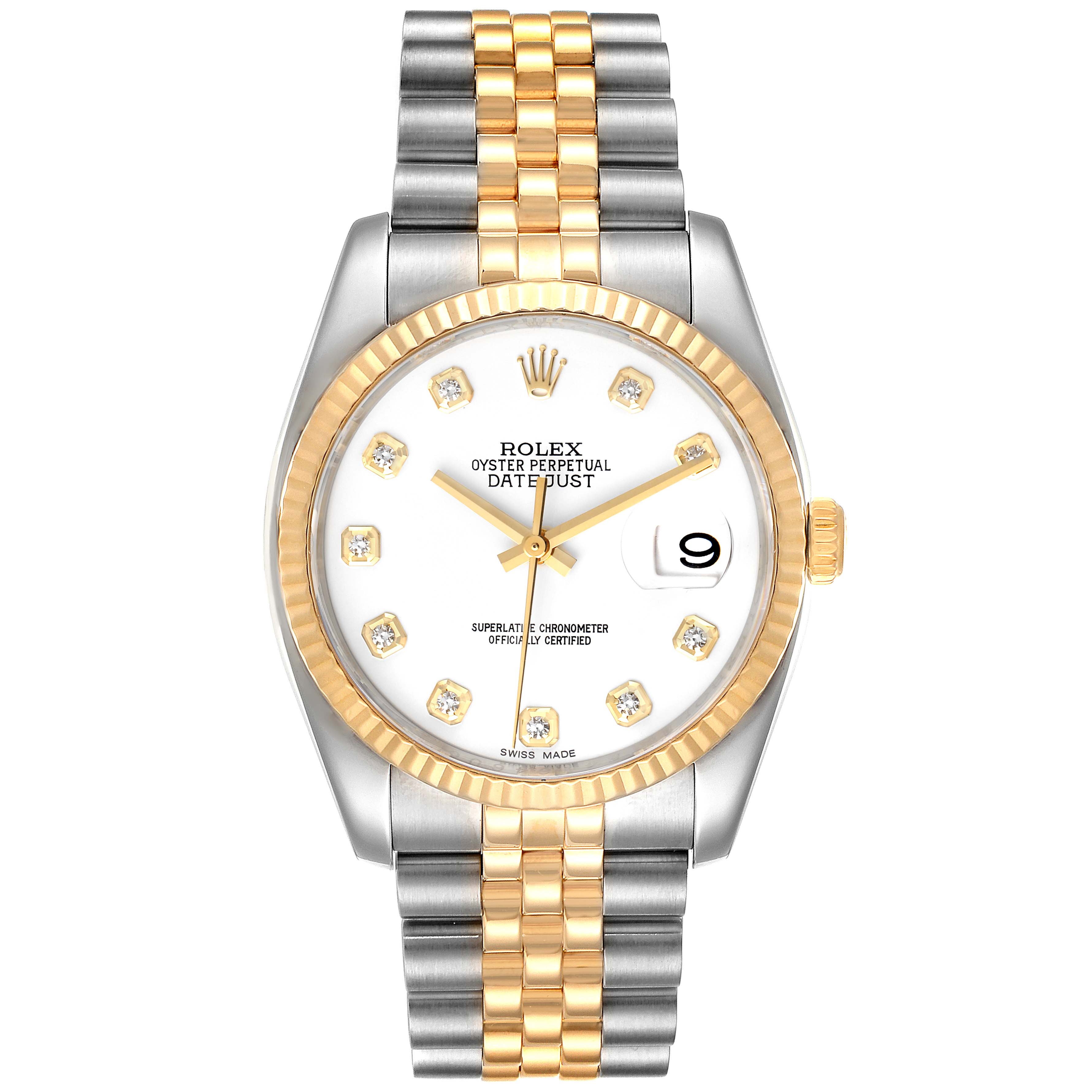 The Rolex Datejust 116233 Men's Steel and Gold (two tone) White Dial 116233 Men's Steel and Gold (two tone) White Dial watch is shown from a direct front angle, highlighting its two-tone bracelet, fluted bezel, and white dial with diamond markers.