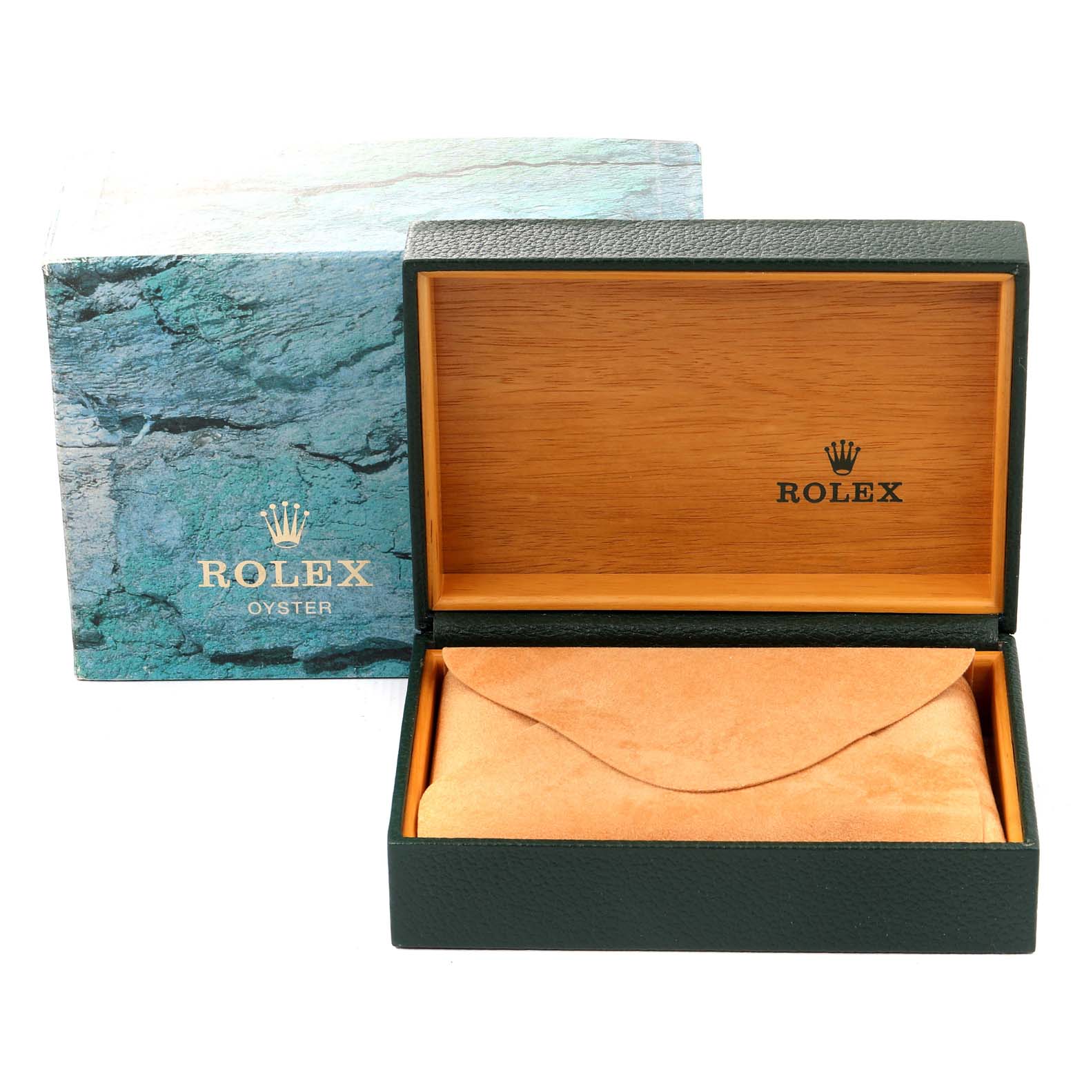 The image shows an open Rolex Datejust 116233 Men's Steel and Gold (two tone) White Dial 116233 Men's Steel and Gold (two tone) White Dial watch box displaying the inner wooden compartment and a protective suede pouch.
