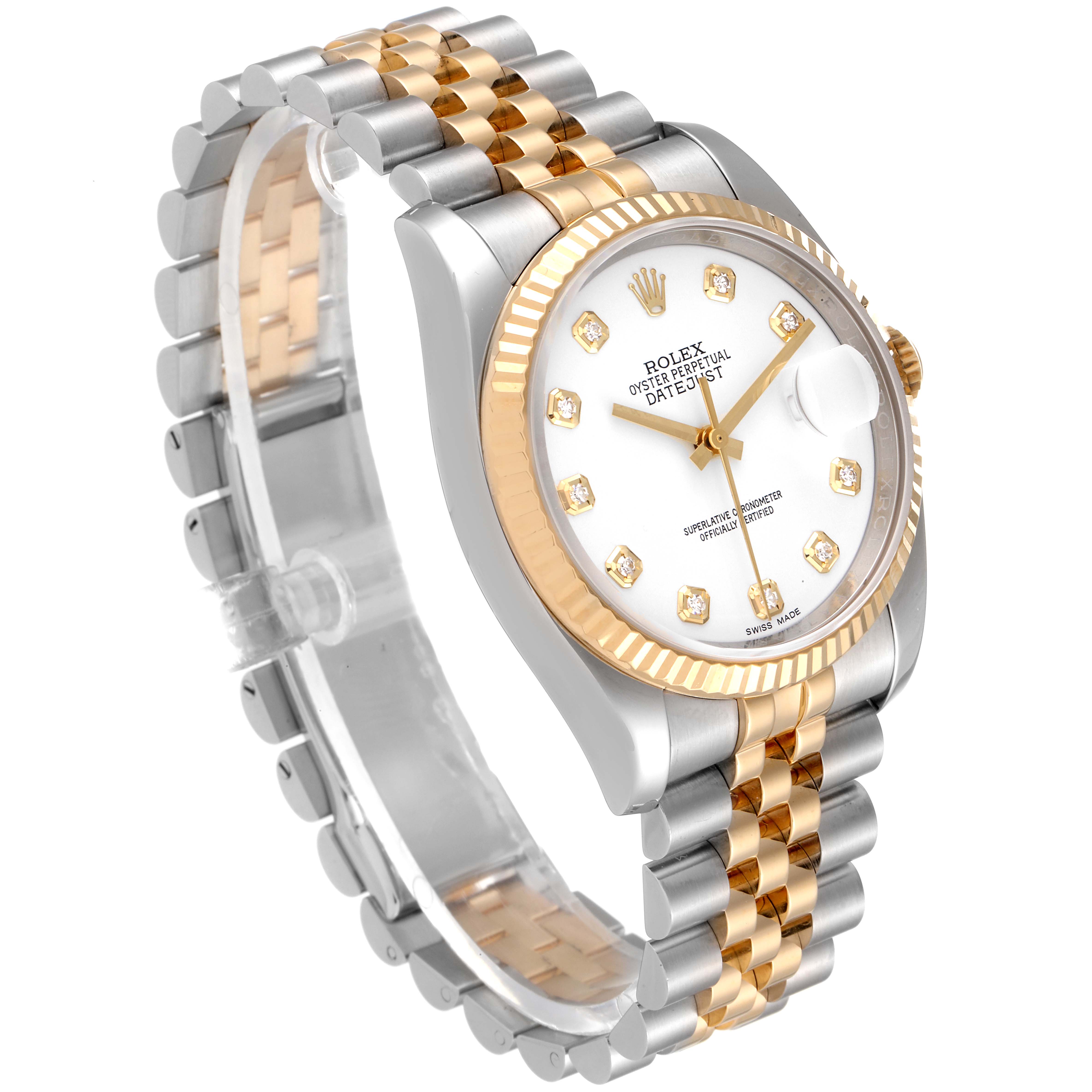 The image shows a Rolex Datejust 116233 Men's Steel and Gold (two tone) White Dial 116233 Men's Steel and Gold (two tone) White Dial model in a three-quarter view, displaying its face, bezel, and bracelet.