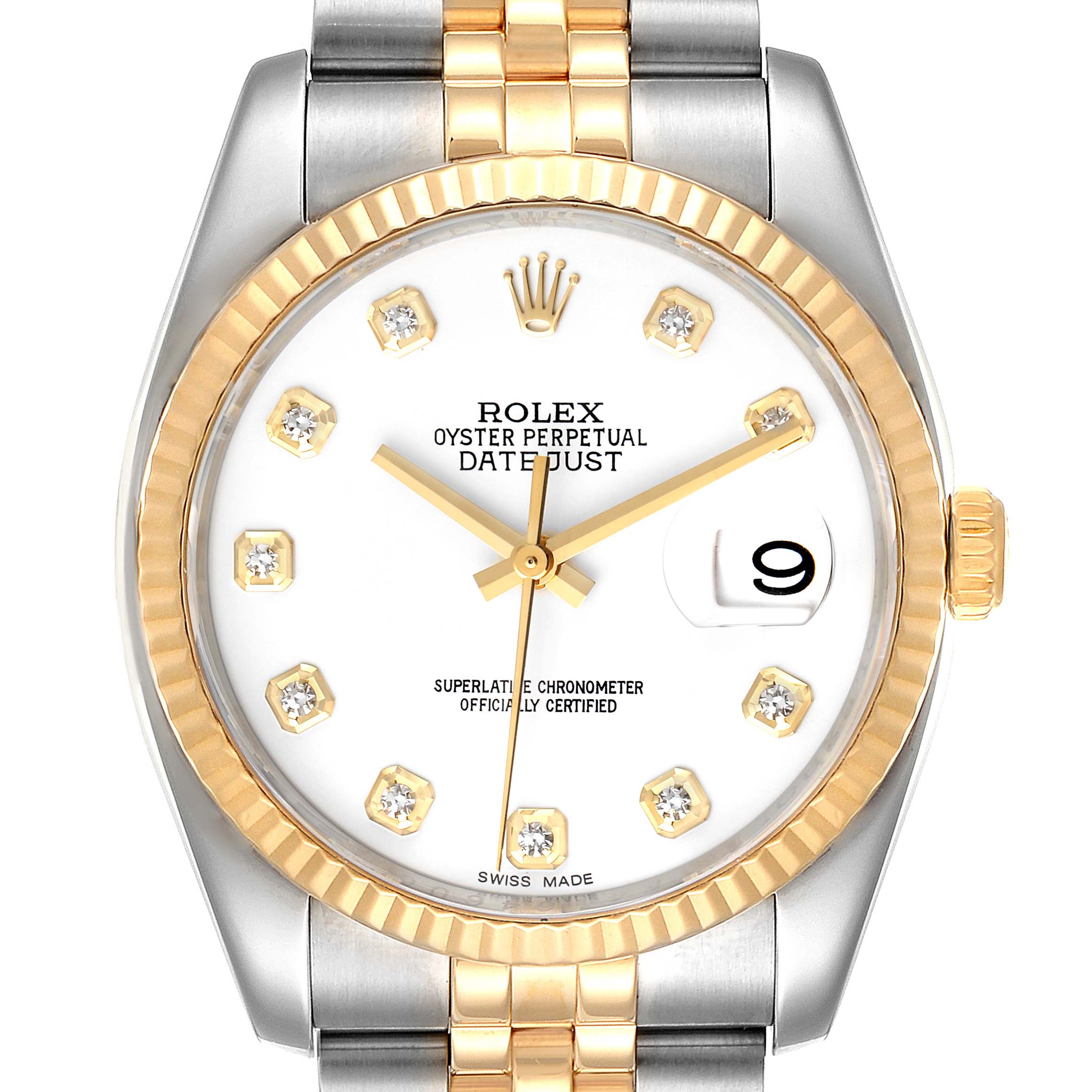This image shows a front view of the Rolex Datejust 116233 Men's Steel and Gold (two tone) White Dial 116233 Men's Steel and Gold (two tone) White Dial watch, highlighting its dial, bezel, and bracelet.