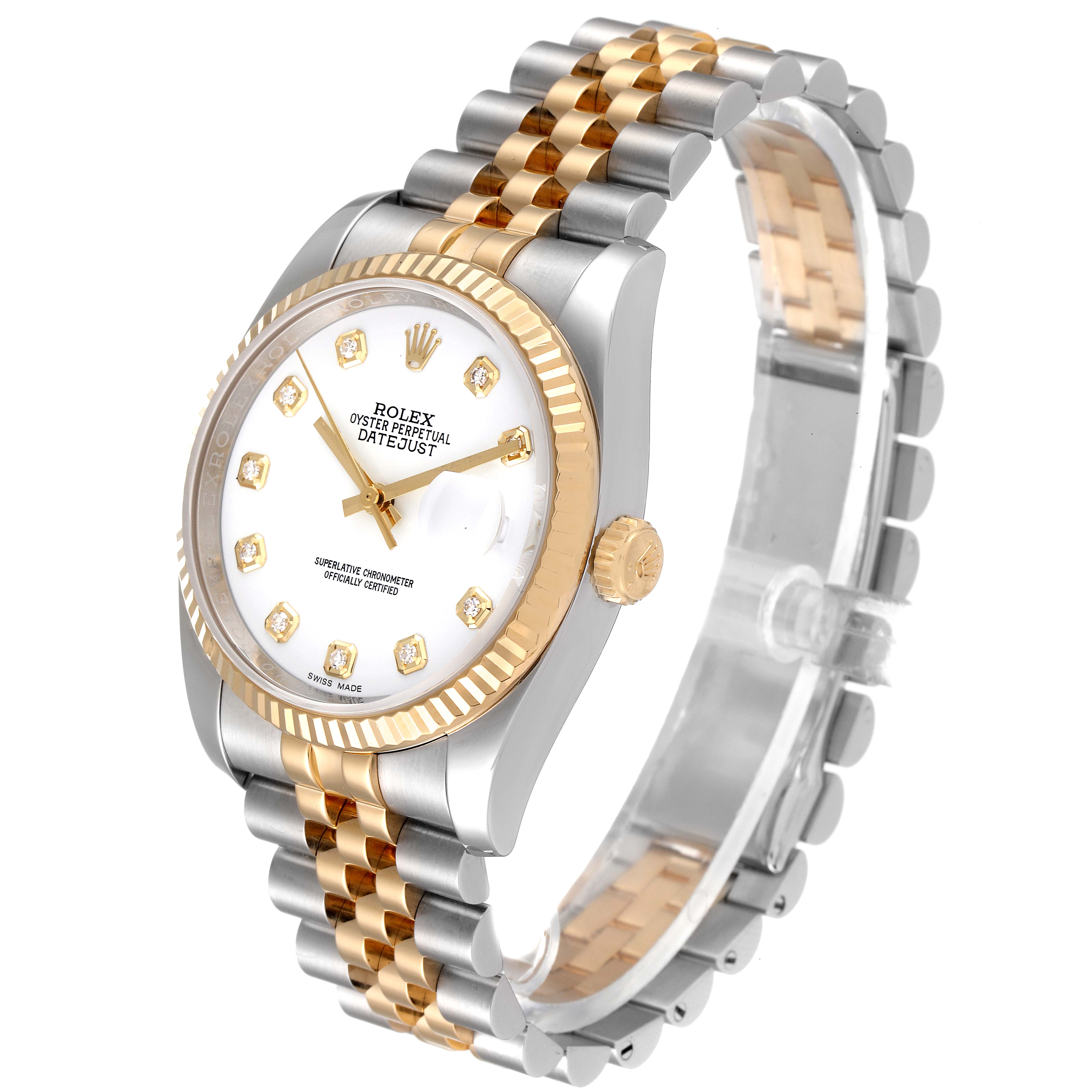 The image shows a Rolex Datejust 116233 Men's Steel and Gold (two tone) White Dial 116233 Men's Steel and Gold (two tone) White Dial watch angled to display the face, bezel, crown, and two-tone bracelet.