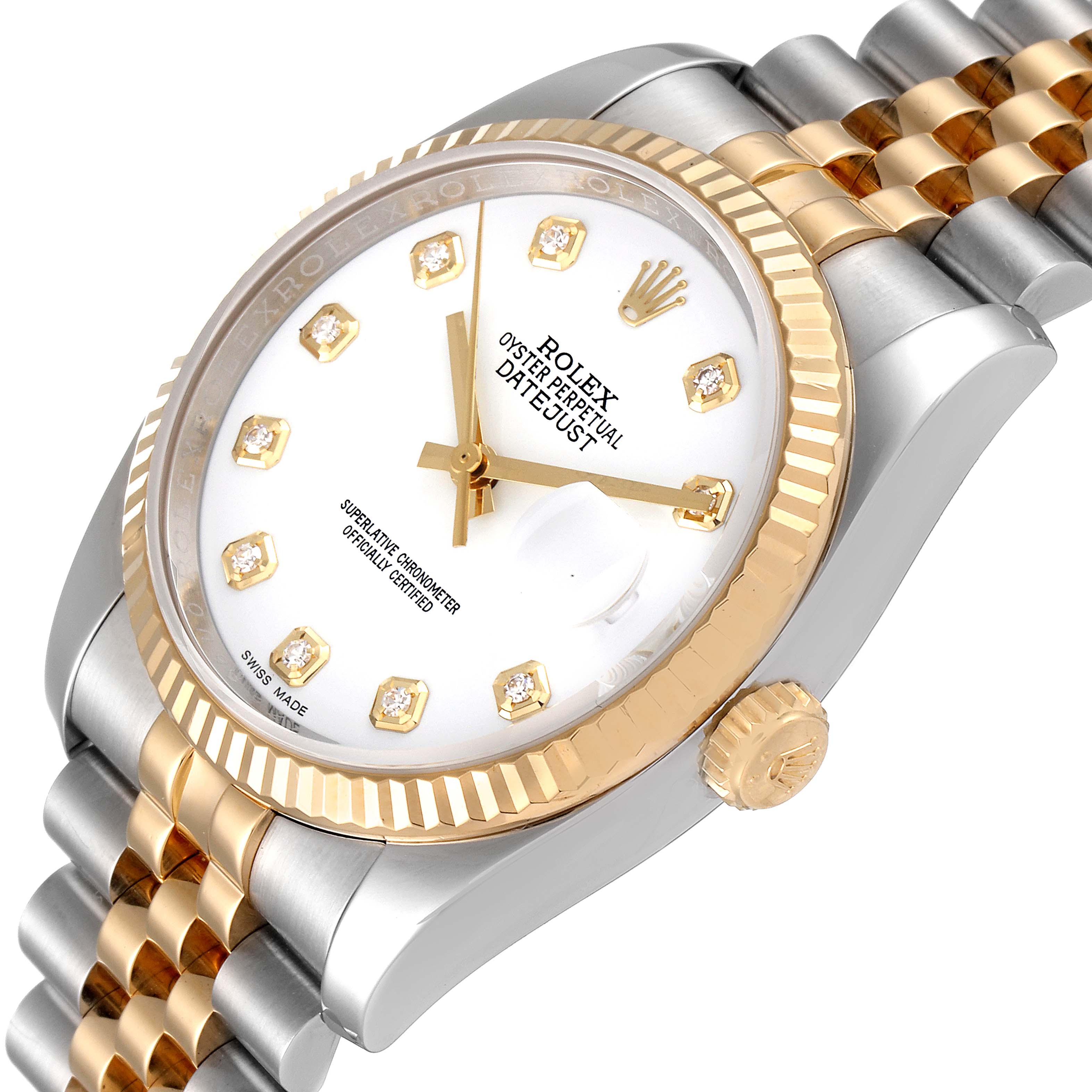 This image shows a close-up, angled view of the face, bezel, and crown of a Rolex Datejust 116233 Men's Steel and Gold (two tone) White Dial 116233 Men's Steel and Gold (two tone) White Dial watch.