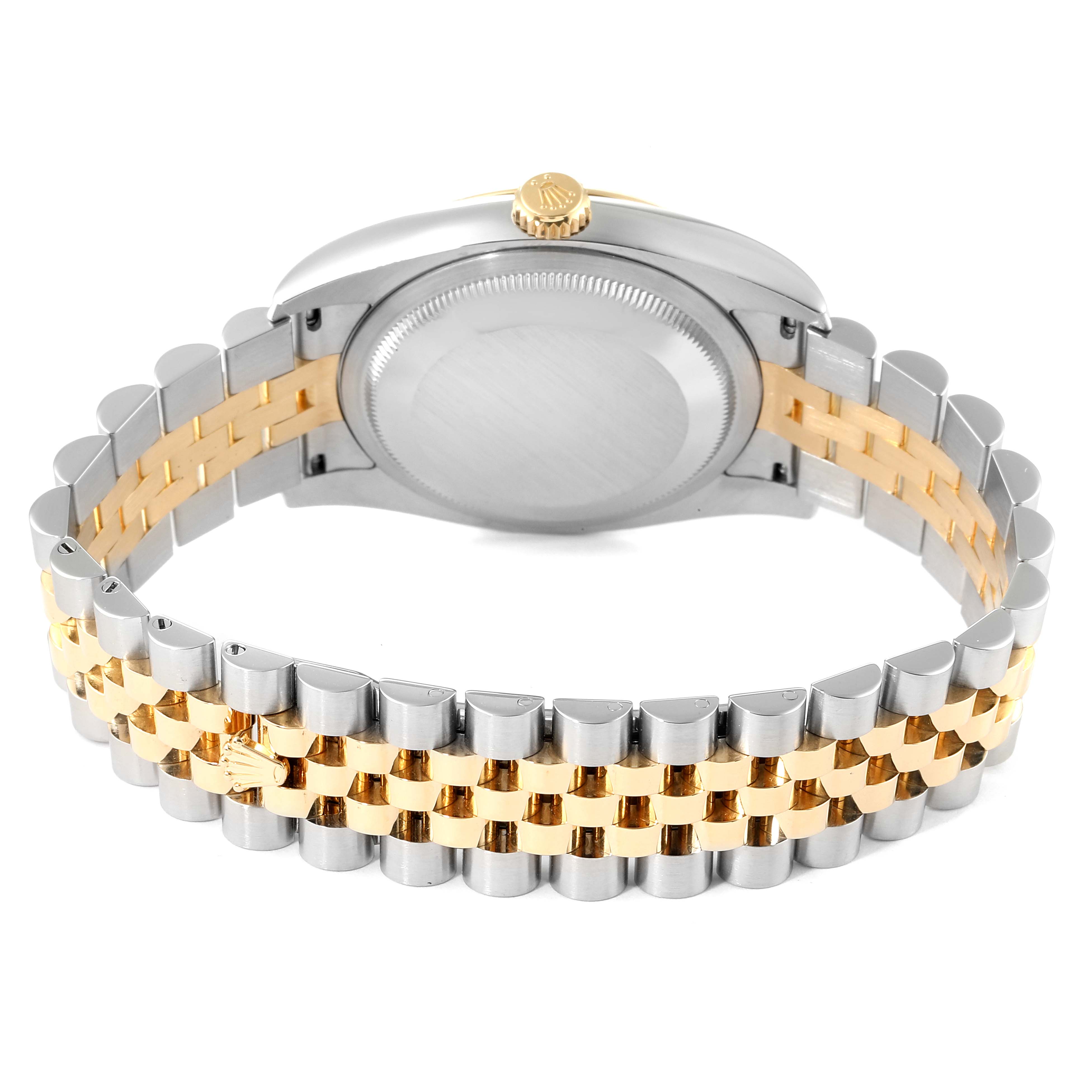 This image shows the back view of the Rolex Datejust 116233 Men's Steel and Gold (two tone) White Dial 116233 Men's Steel and Gold (two tone) White Dial watch, highlighting the case back and two-tone bracelet.