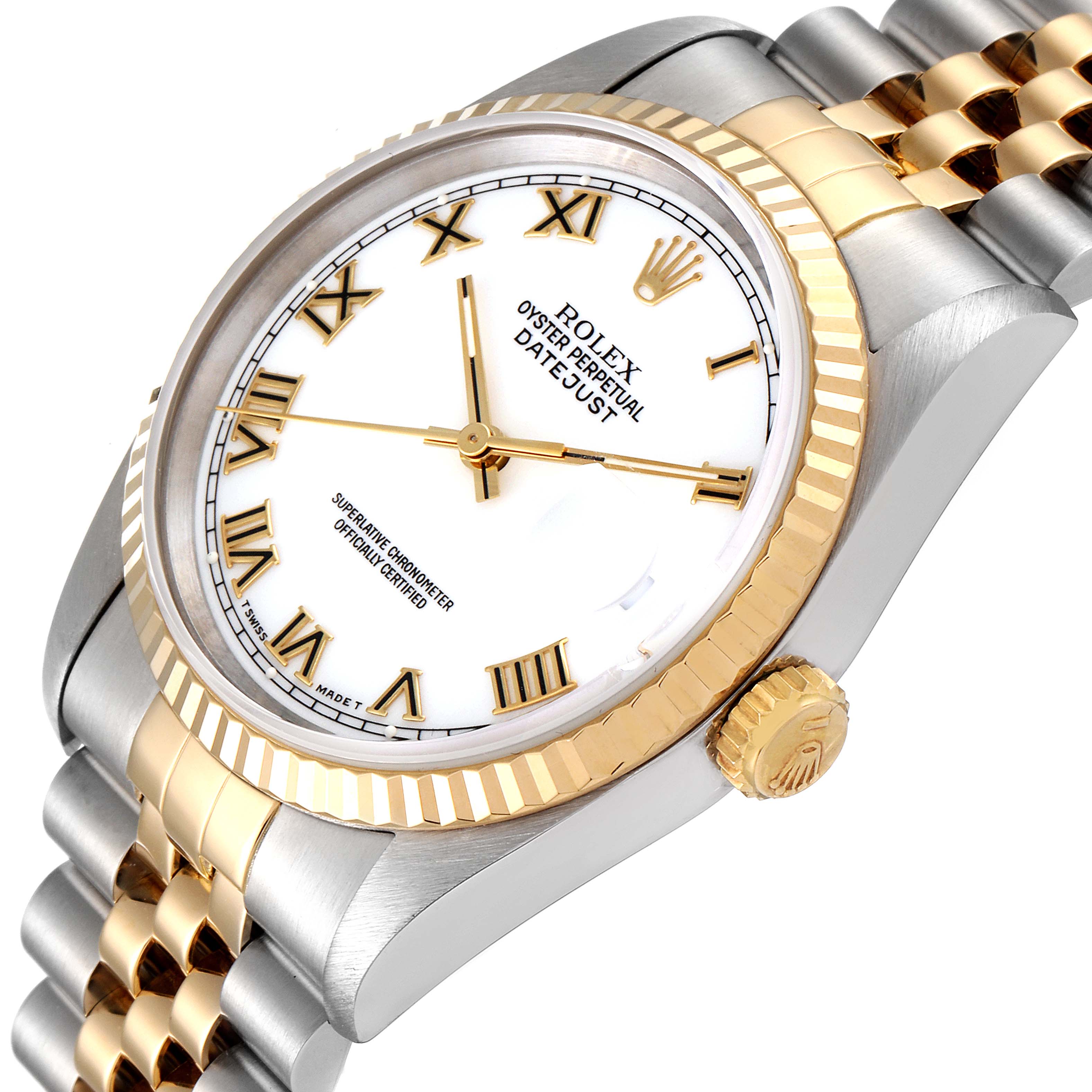 This is a close-up of the Rolex Datejust 16233 Men's Steel and Gold (two tone) White Dial 16233 Men's Steel and Gold (two tone) White Dial watch showing the face, crown, bezel, and part of the bracelet at an angle.