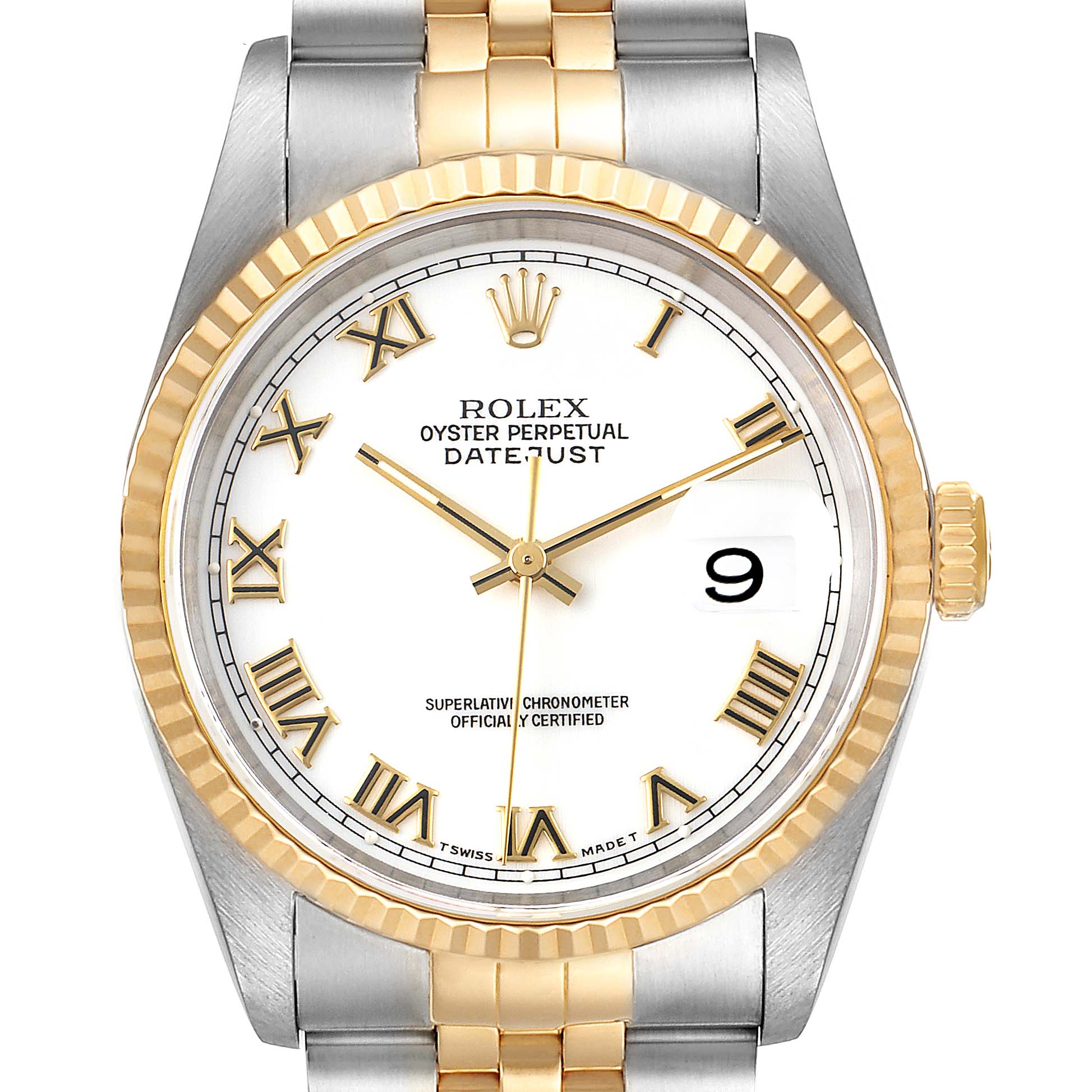 The image shows a front view of the Rolex Datejust 16233 Men's Steel and Gold (two tone) White Dial 16233 Men's Steel and Gold (two tone) White Dial model, highlighting the dial, bezel, and part of the two-tone bracelet.