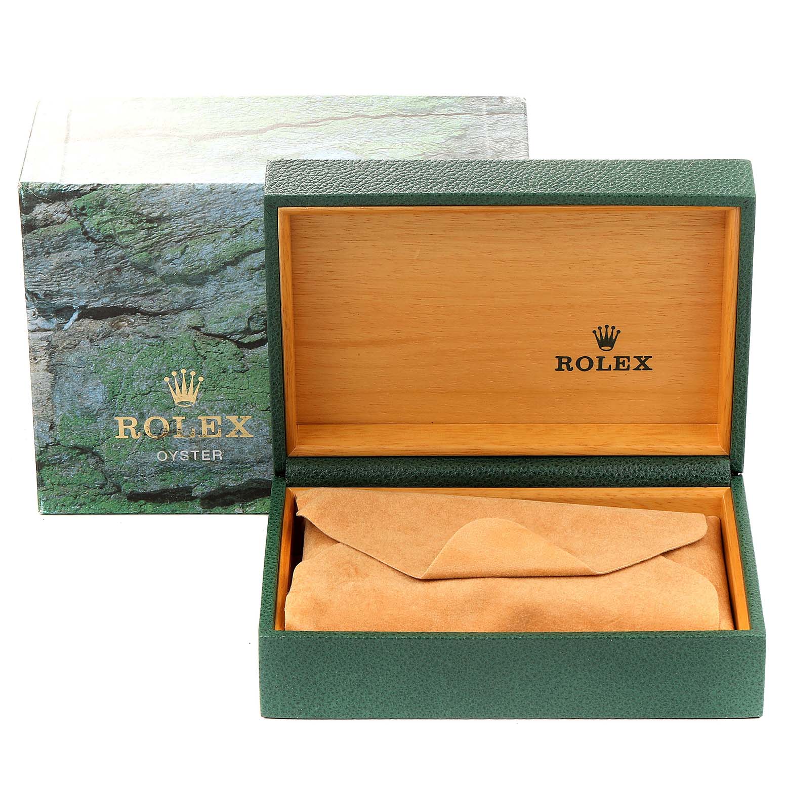 The image shows a Rolex Datejust 16233 Men's Steel and Gold (two tone) White Dial 16233 Men's Steel and Gold (two tone) White Dial watch box, lid open, revealing its interior and a tan protective pouch.