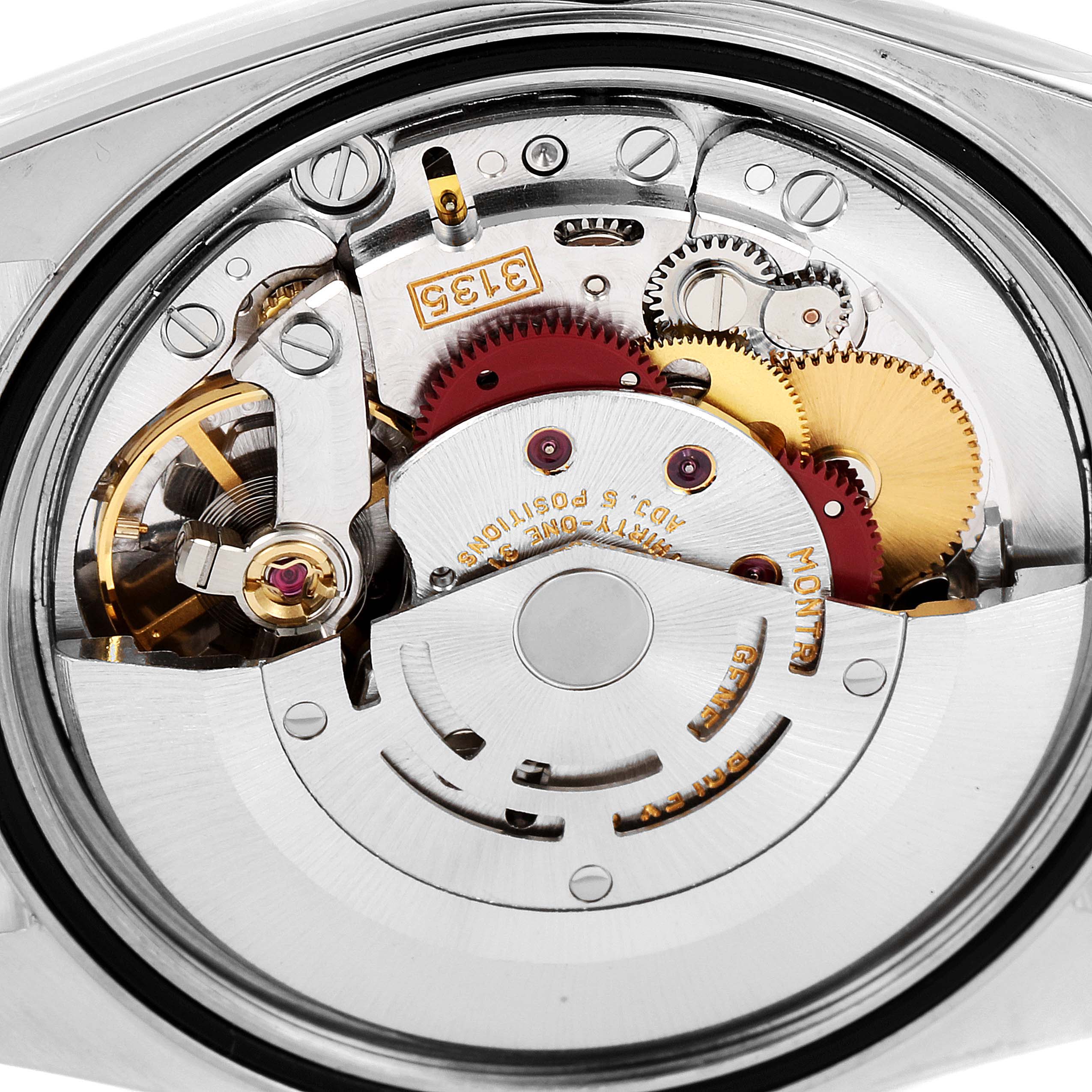 The image shows the internal mechanical movement of the Rolex Datejust 16233 Men's Steel and Gold (two tone) White Dial 16233 Men's Steel and Gold (two tone) White Dial watch from a close-up, back angle.