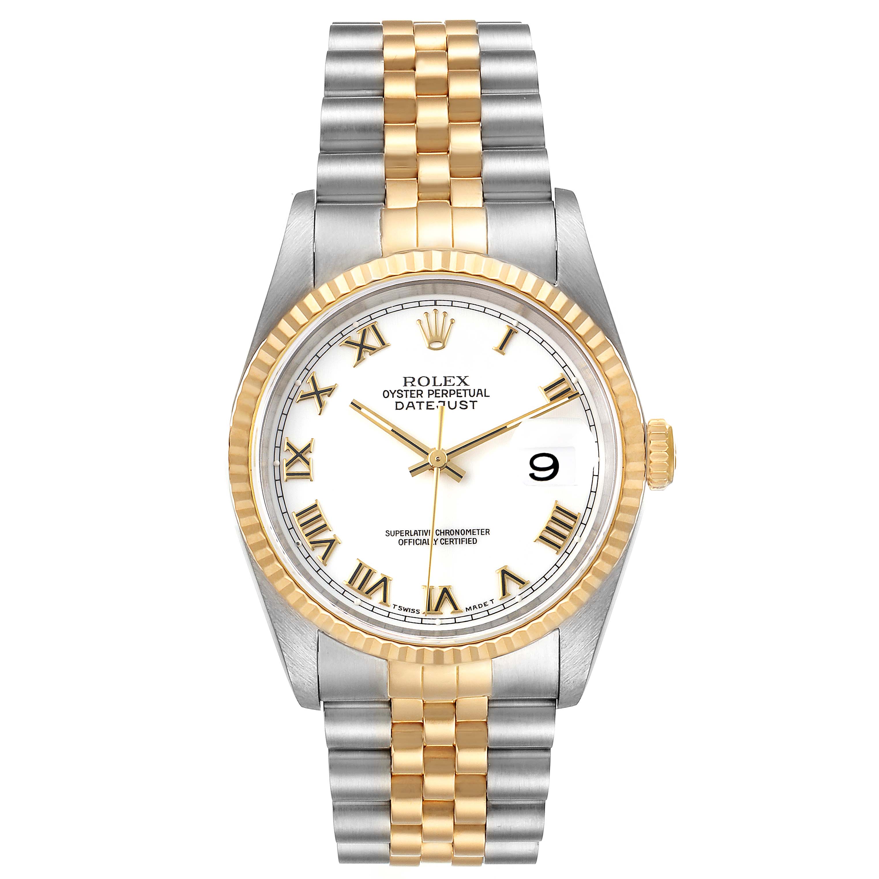 The image shows a frontal view of a Rolex Datejust 16233 Men's Steel and Gold (two tone) White Dial 16233 Men's Steel and Gold (two tone) White Dial watch, highlighting the dial, bezel, and bracelet.