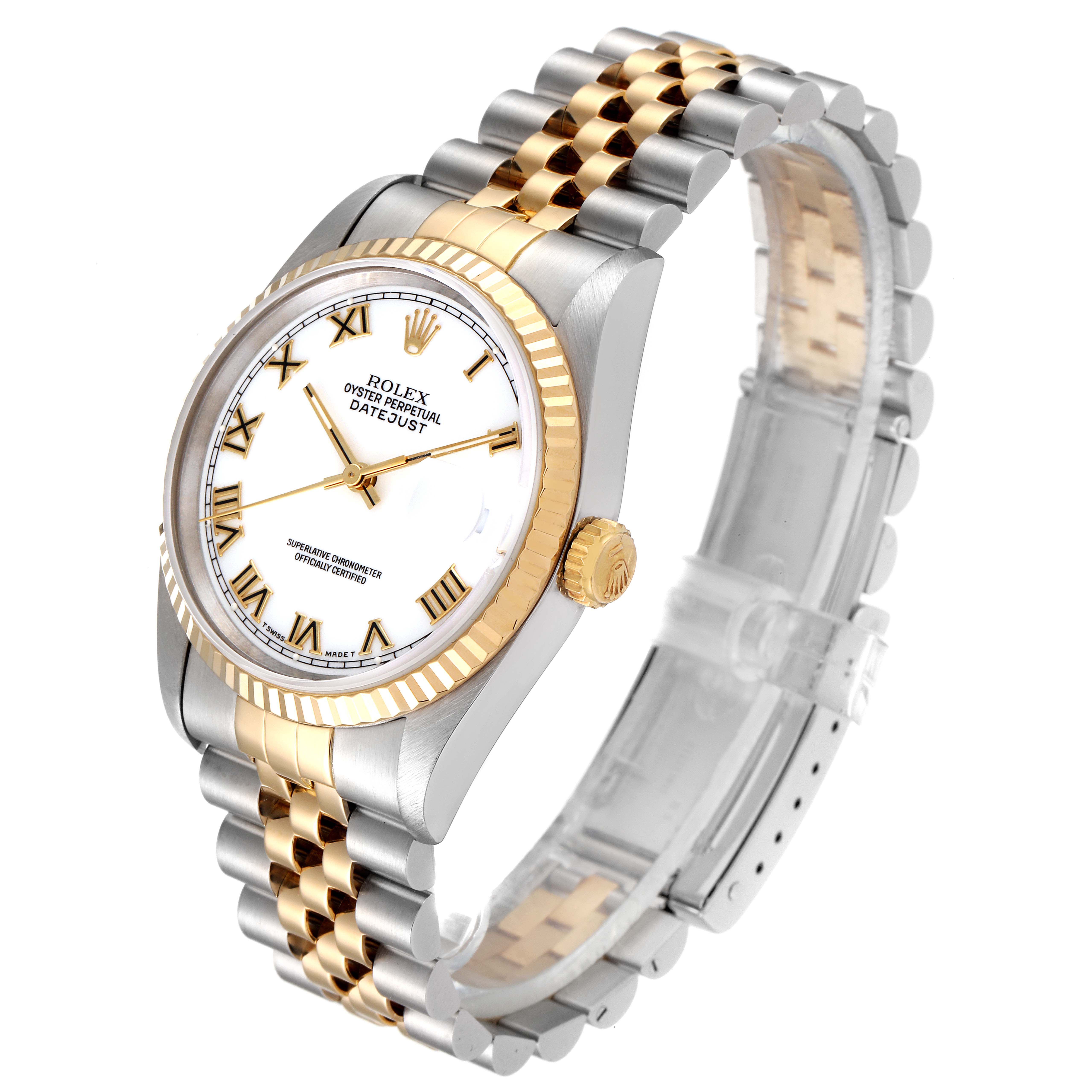 This image shows a Rolex Datejust 16233 Men's Steel and Gold (two tone) White Dial 16233 Men's Steel and Gold (two tone) White Dial watch at a slight angle, displaying its face, bezel, and dual-tone bracelet.