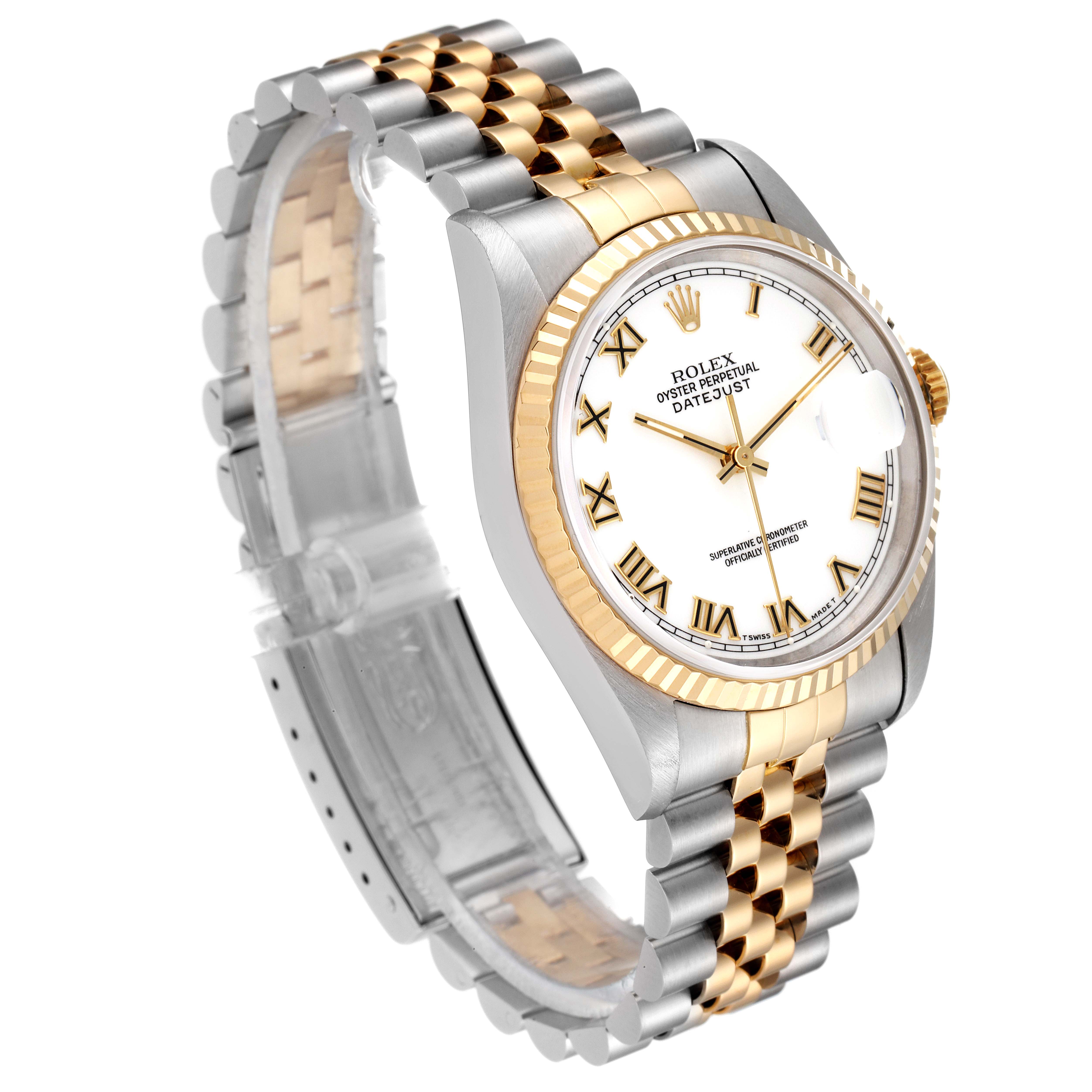 The image shows a Rolex Datejust 16233 Men's Steel and Gold (two tone) White Dial 16233 Men's Steel and Gold (two tone) White Dial watch at a three-quarter angle, highlighting its two-tone bracelet and fluted bezel.