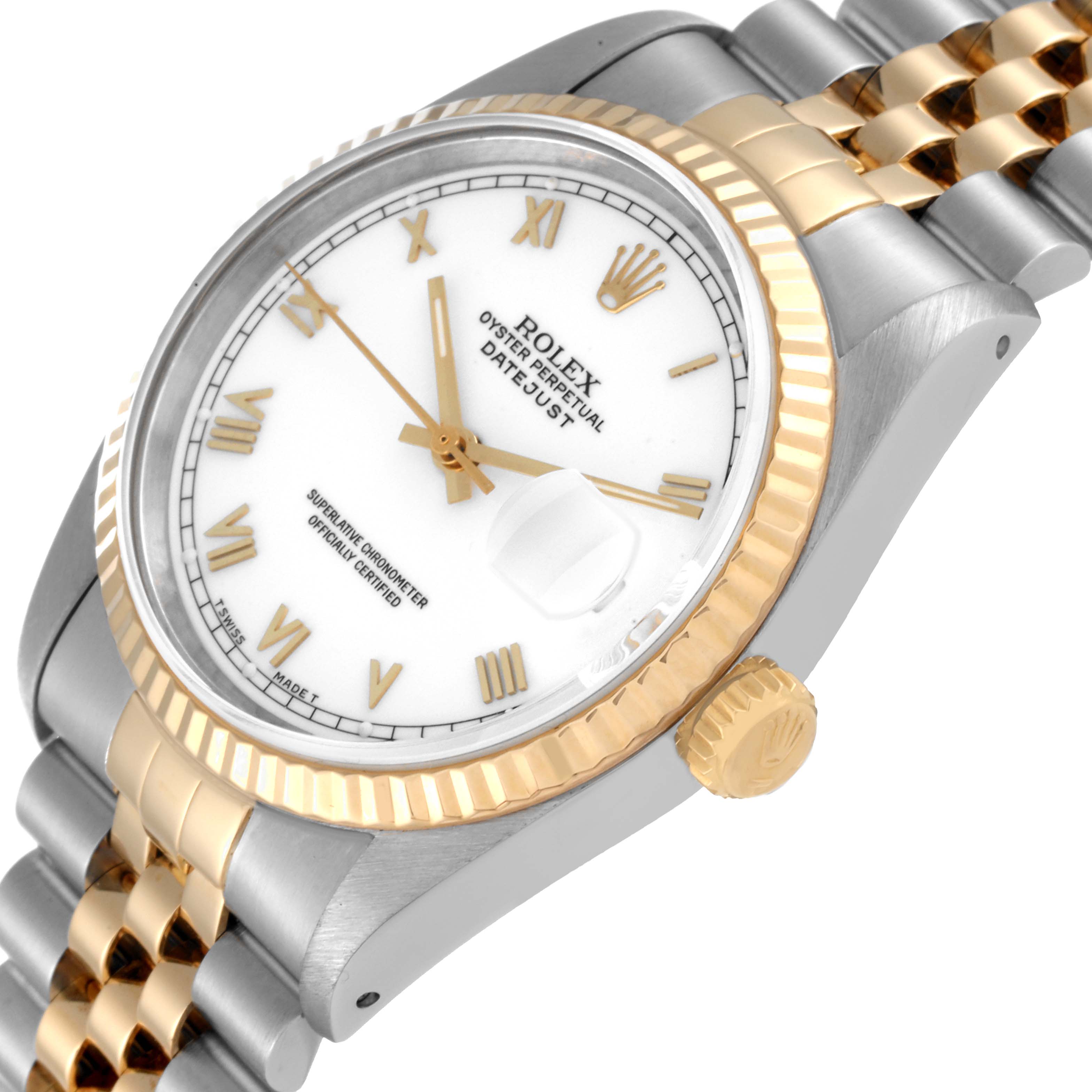 The image shows a close-up angle of a Rolex Datejust 16233 Men's Steel and Gold (two tone) White Dial 16233 Men's Steel and Gold (two tone) White Dial watch displaying its dial, bezel, crown, and part of the bracelet.