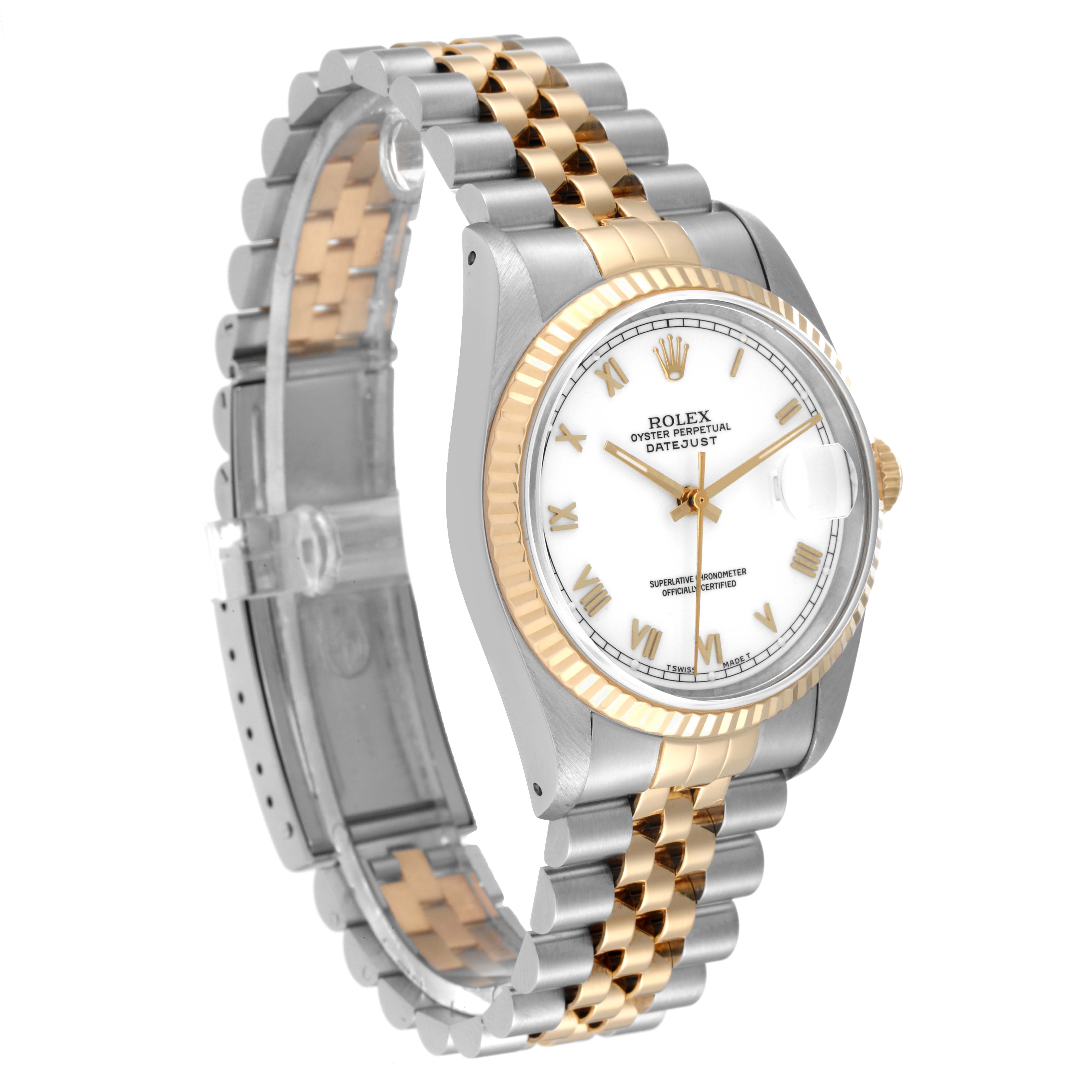 The Rolex Datejust 16233 Men's Steel and Gold (two tone) White Dial 16233 Men's Steel and Gold (two tone) White Dial watch is pictured at an angle, showing its face, bezel, and two-tone bracelet.