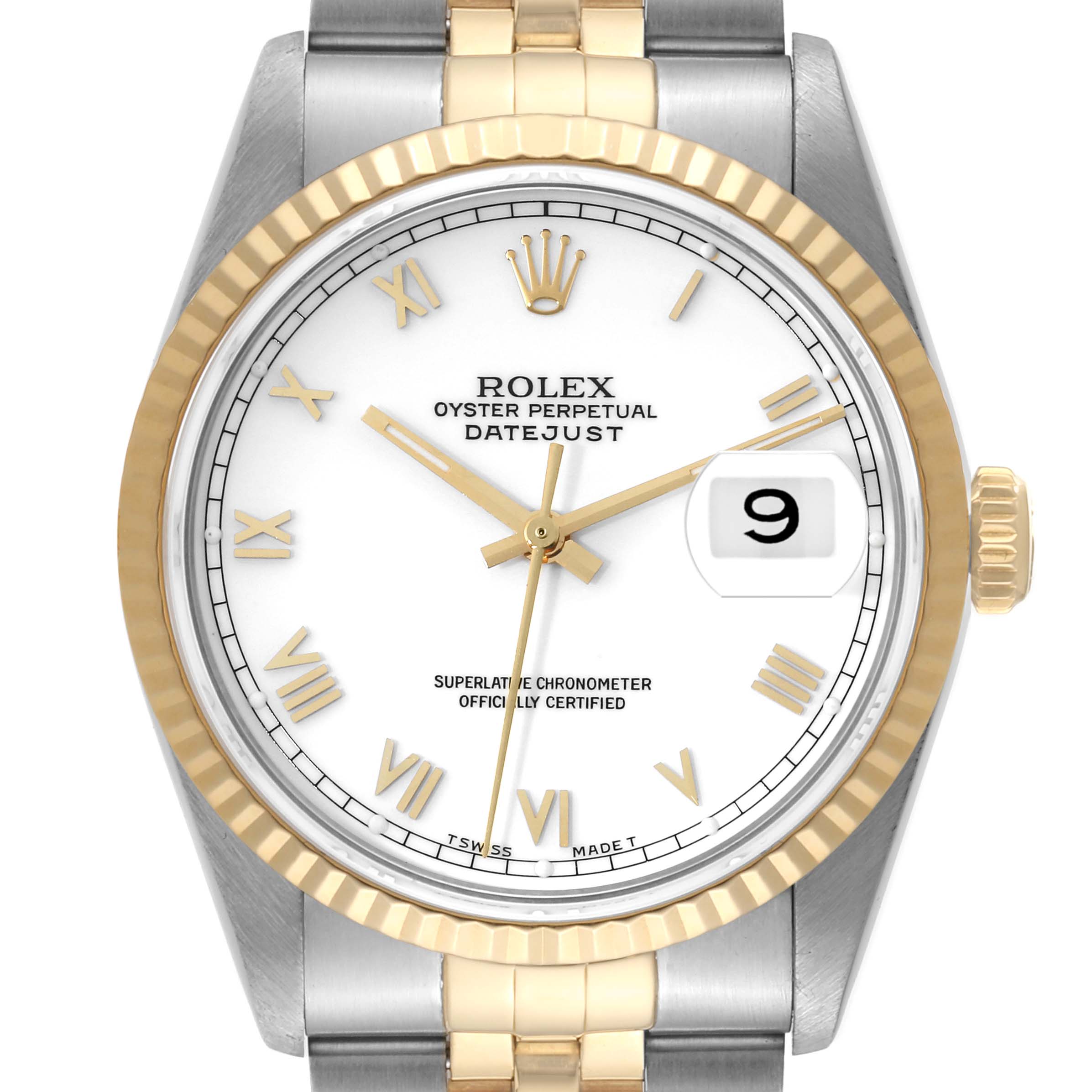 This image shows a front view of a Rolex Datejust 16233 Men's Steel and Gold (two tone) White Dial 16233 Men's Steel and Gold (two tone) White Dial watch, highlighting its white dial, fluted bezel, and two-tone bracelet.