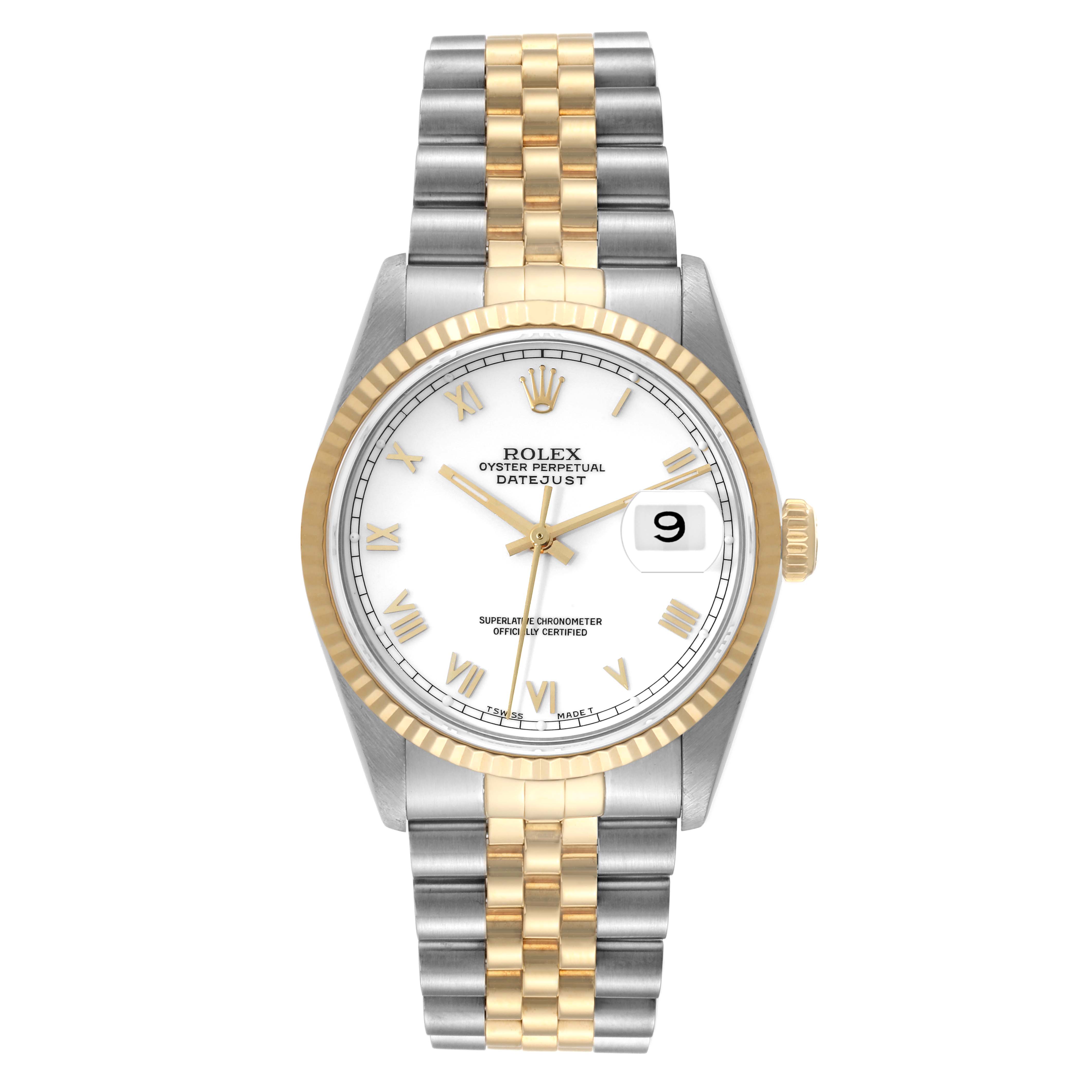 This image shows a front view of a Rolex Datejust 16233 Men's Steel and Gold (two tone) White Dial 16233 Men's Steel and Gold (two tone) White Dial watch, highlighting its two-tone bracelet and fluted bezel.