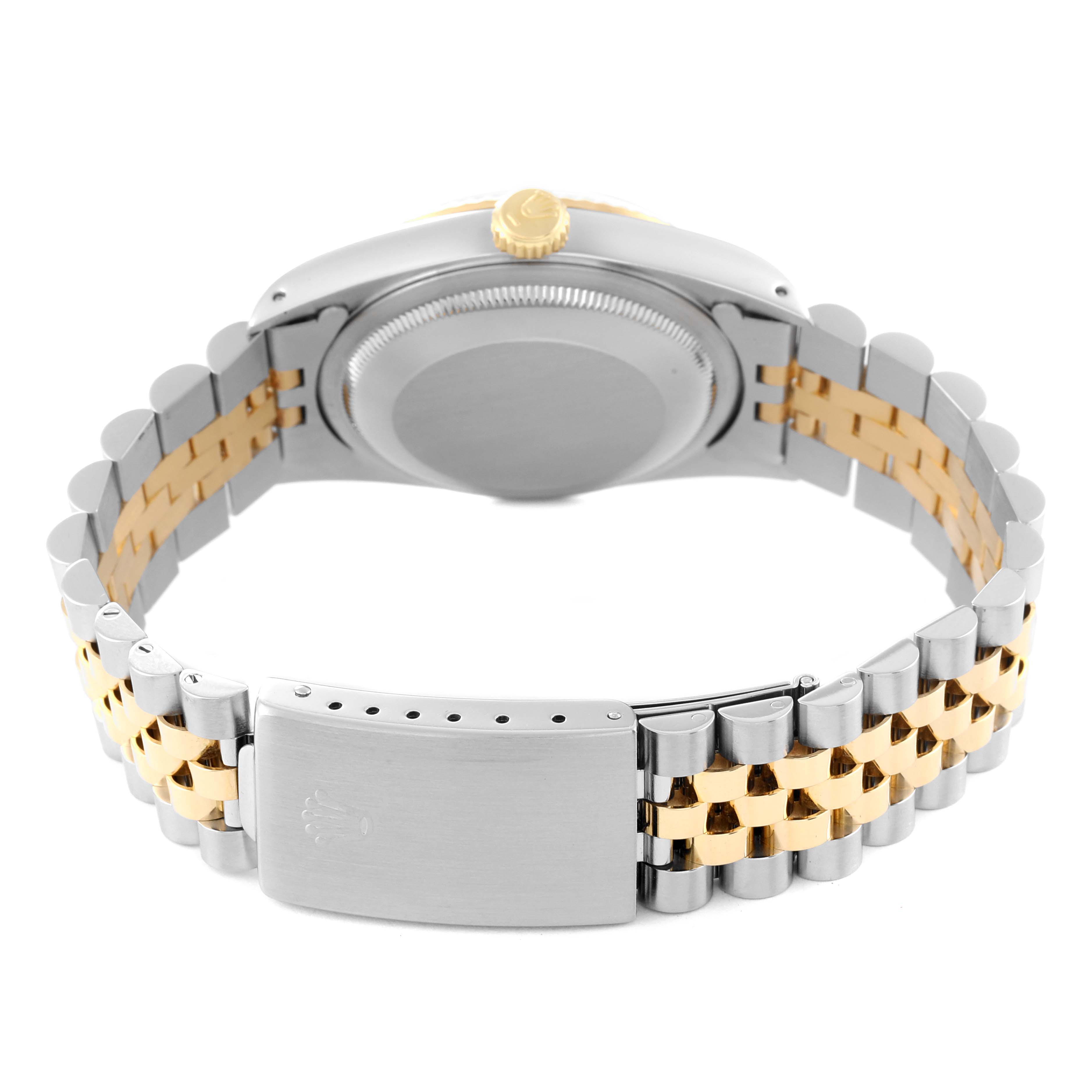 The image shows the back view of a Rolex Datejust 16233 Men's Steel and Gold (two tone) White Dial 16233 Men's Steel and Gold (two tone) White Dial watch, highlighting the case back and the two-tone bracelet.