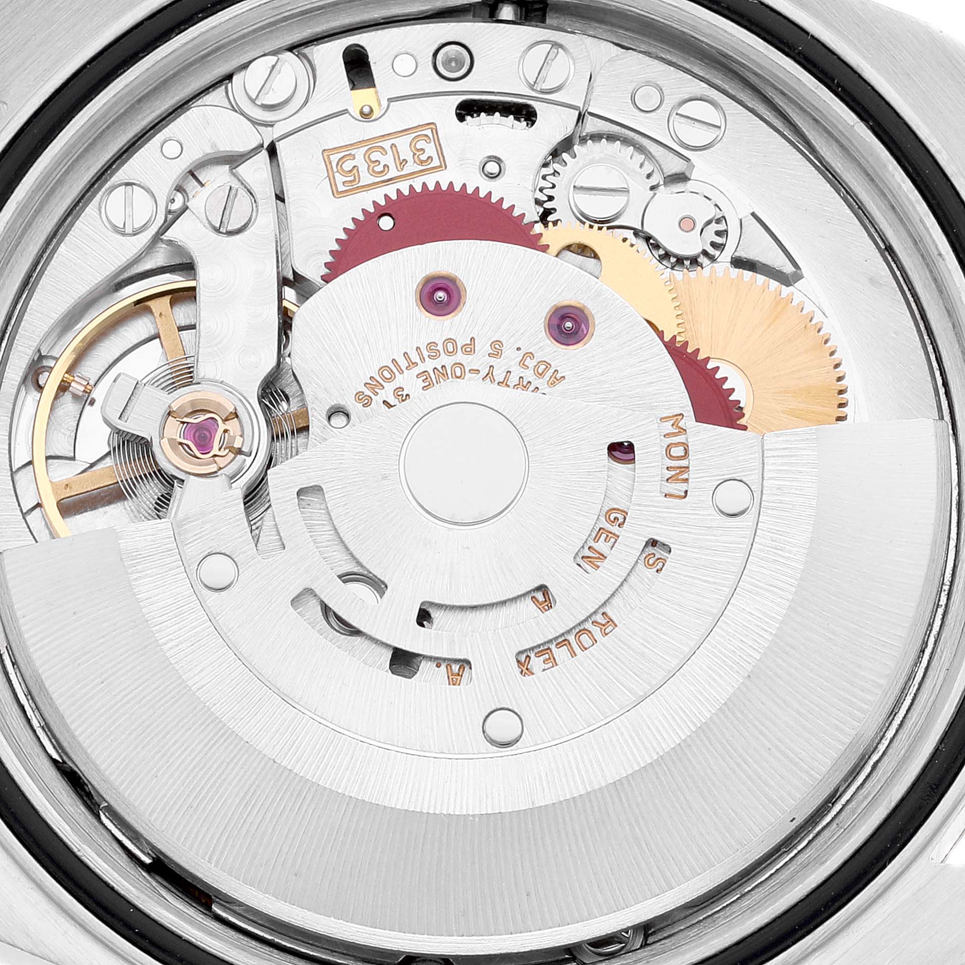The image shows a detailed close-up of the movement mechanism of a Rolex Datejust 16233 Men's Steel and Gold (two tone) White Dial 16233 Men's Steel and Gold (two tone) White Dial watch.