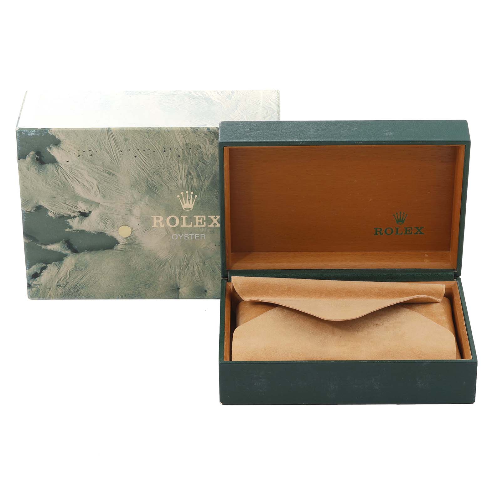 The image shows an open Rolex Datejust 16233 Men's Steel and Gold (two tone) White Dial 16233 Men's Steel and Gold (two tone) White Dial watch box with the outer box placed beside it.