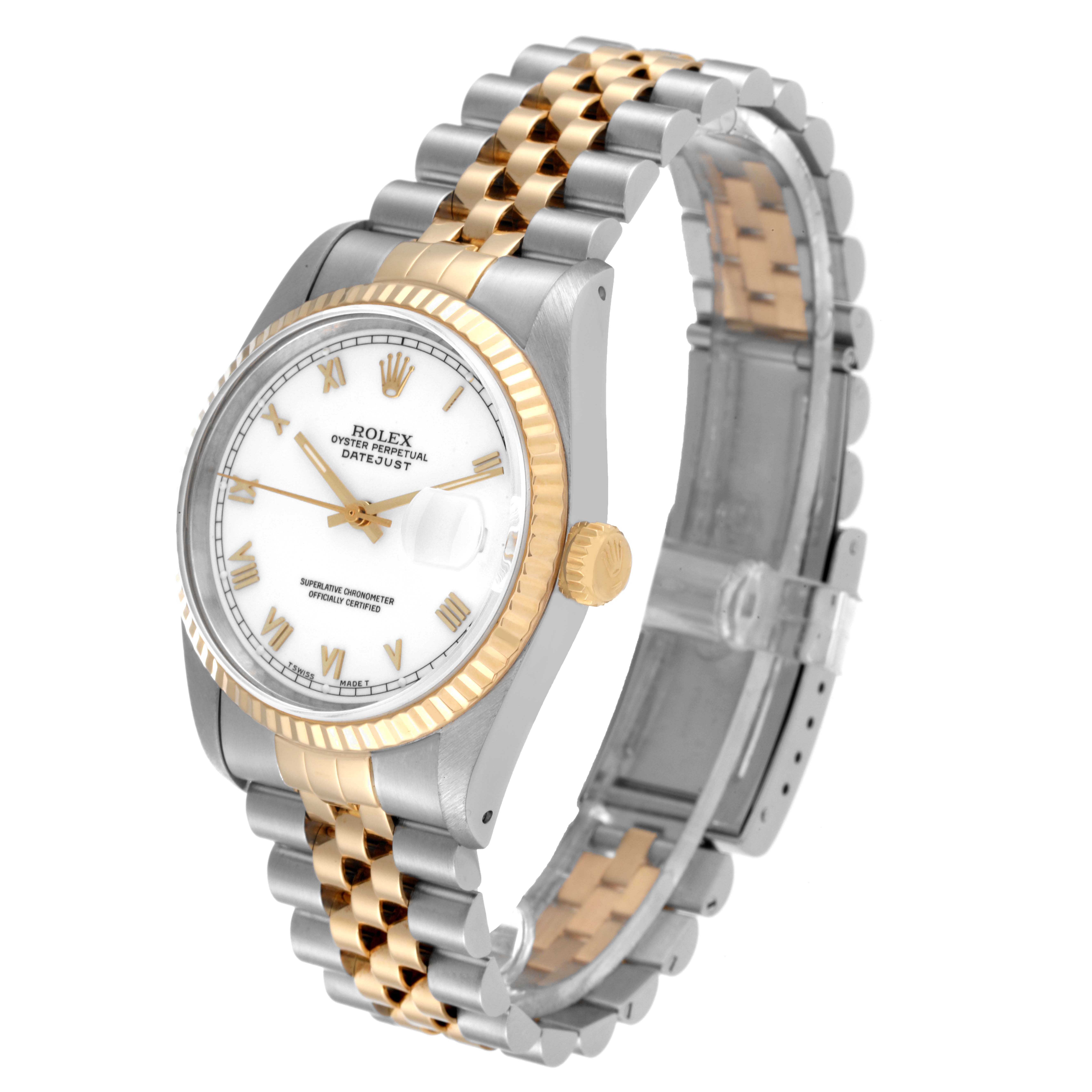 The image shows a side-angle view of a Rolex Datejust 16233 Men's Steel and Gold (two tone) White Dial 16233 Men's Steel and Gold (two tone) White Dial watch, highlighting the dial, bezel, crown, and two-tone bracelet.