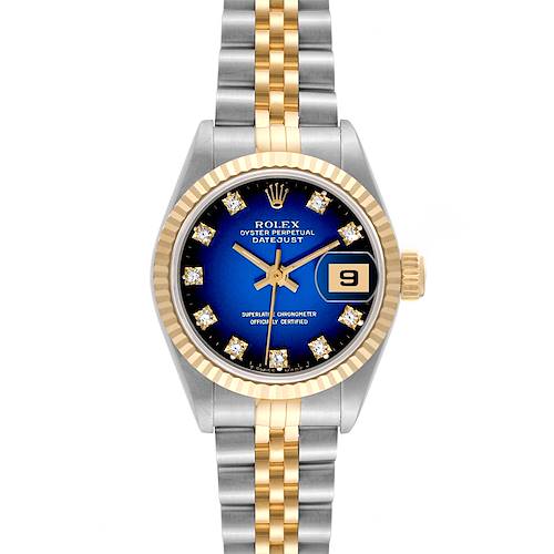 This image shows the front view of a Rolex Datejust watch, highlighting its blue dial, diamond hour markers, and two-tone bracelet.