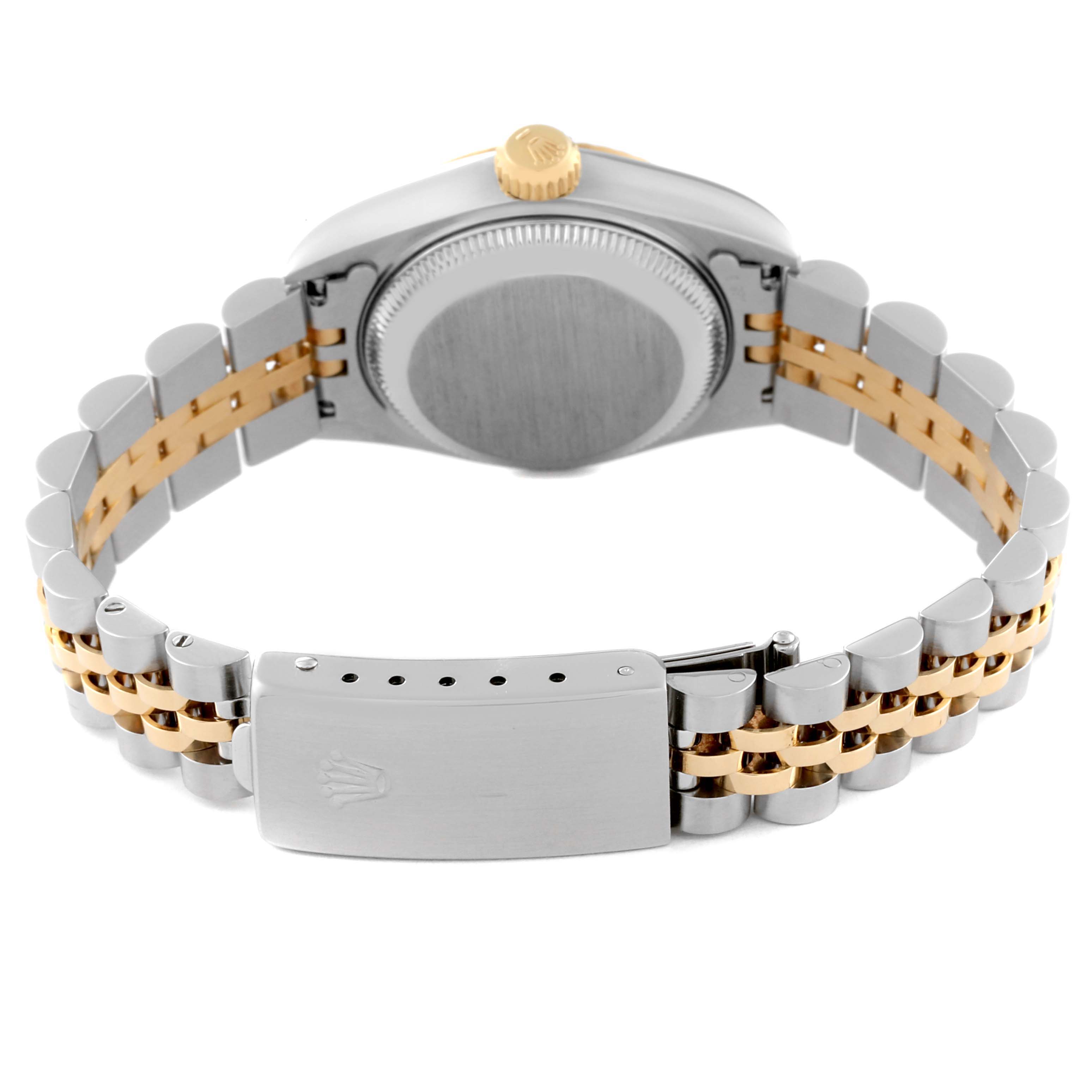 This image shows the back view of a Rolex Datejust 69173 Women's Steel and Gold (two tone) Blue Dial 69173 Women's Steel and Gold (two tone) Blue Dial model watch, featuring the clasp and jubilee bracelet in two-tone metal.