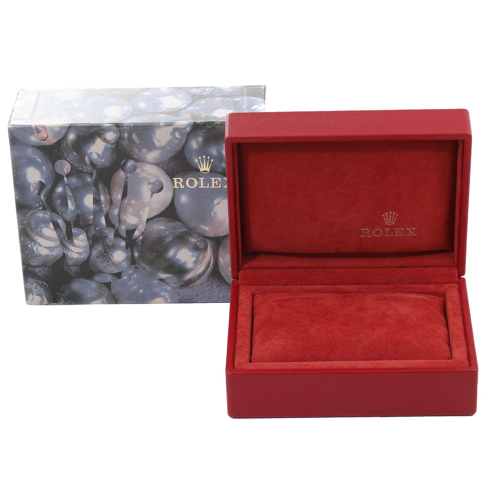 The image shows a Rolex Datejust 69173 Women's Steel and Gold (two tone) Blue Dial 69173 Women's Steel and Gold (two tone) Blue Dial watch box with a pearl-themed outer box and an open red velvet inner box.