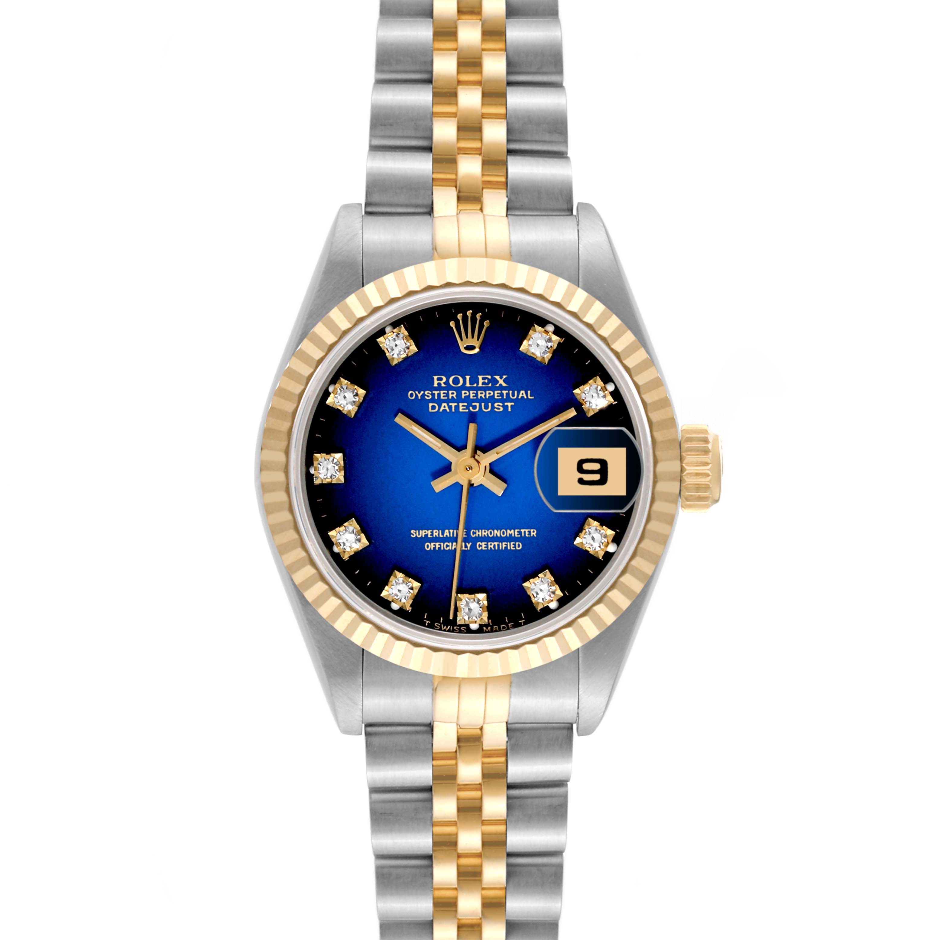 The image shows a front view of a Rolex Datejust 69173 Women's Steel and Gold (two tone) Blue Dial 69173 Women's Steel and Gold (two tone) Blue Dial watch, highlighting the dial, bezel, crown, and bracelet.