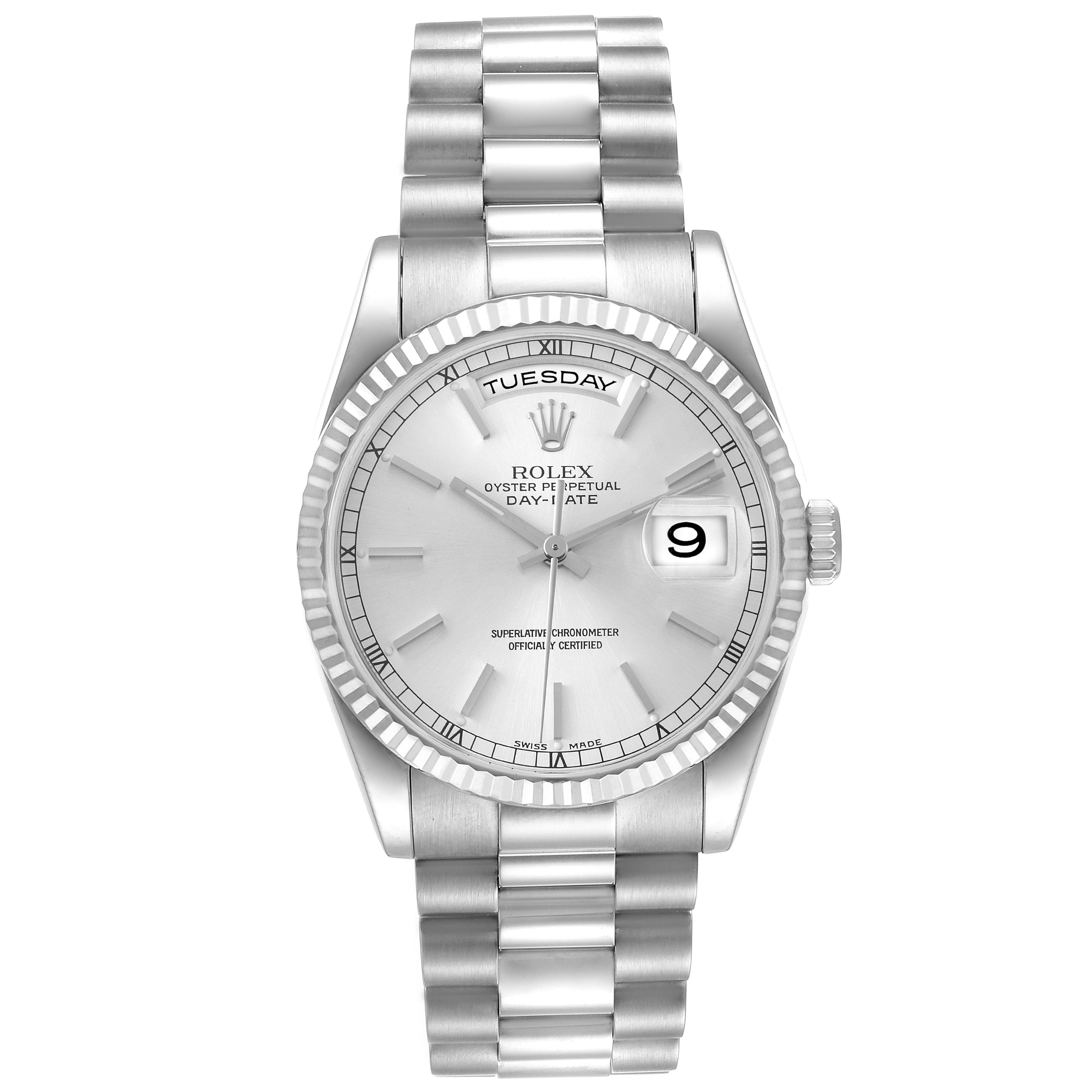 The image shows a Rolex President 118239 Men's White Gold Silver Dial 118239 Men's White Gold Silver Dial model watch, straight on, displaying the bracelet, case, dial, day, and date functions.