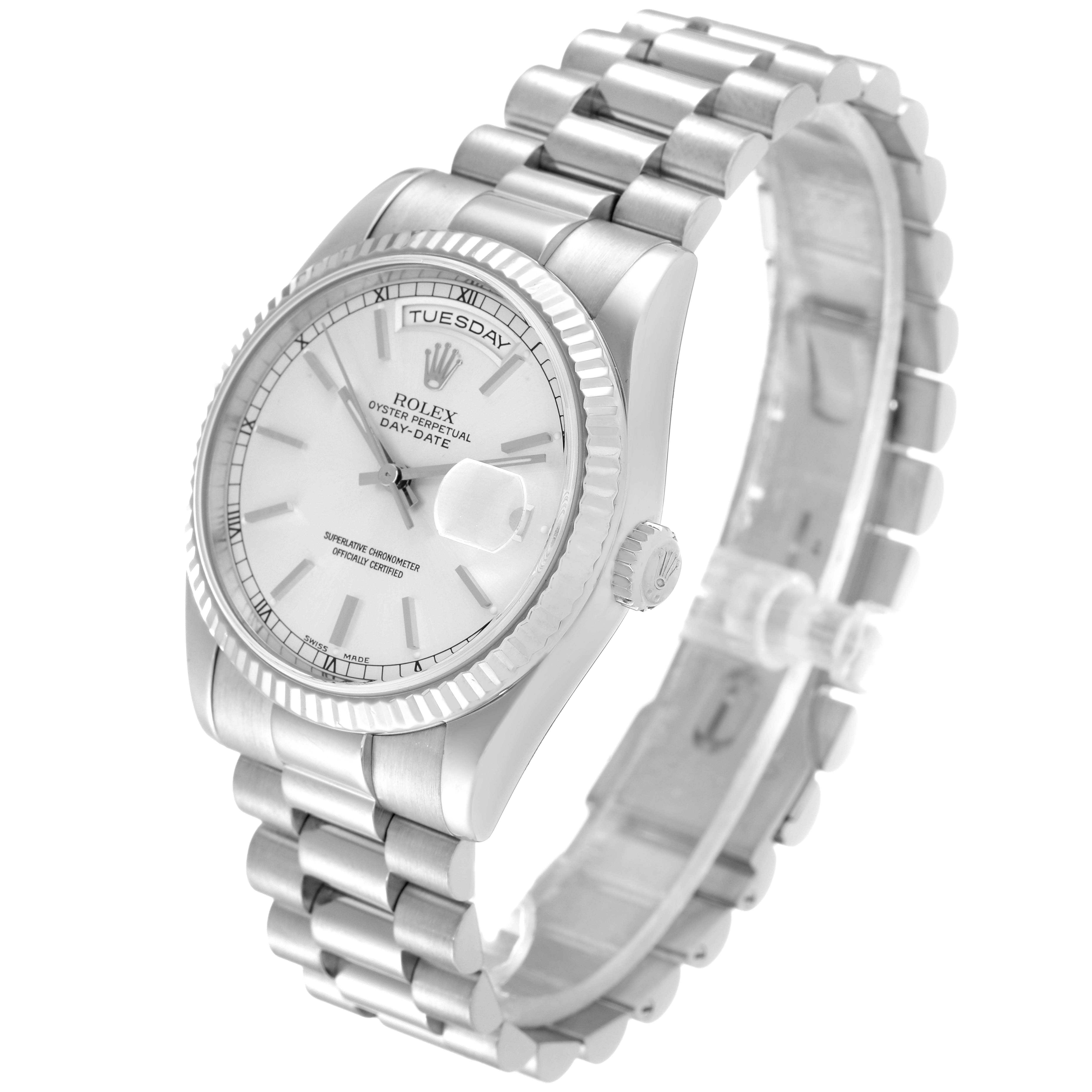 A Rolex President 118239 Men's White Gold Silver Dial 118239 Men's White Gold Silver Dial model watch is shown at an angle, displaying its face, bezel, crown, and the bracelet links.