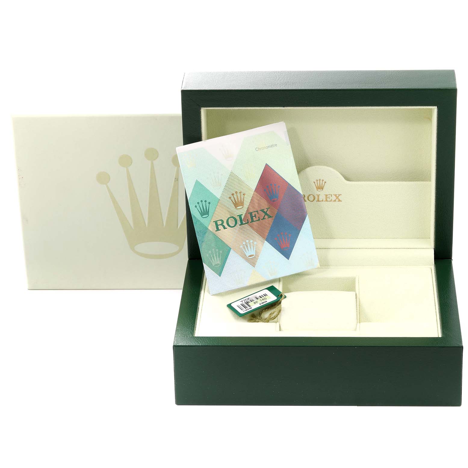 The image shows an open Rolex President 118239 Men's White Gold Silver Dial 118239 Men's White Gold Silver Dial model watch box with its packaging materials, including a manual and tags.