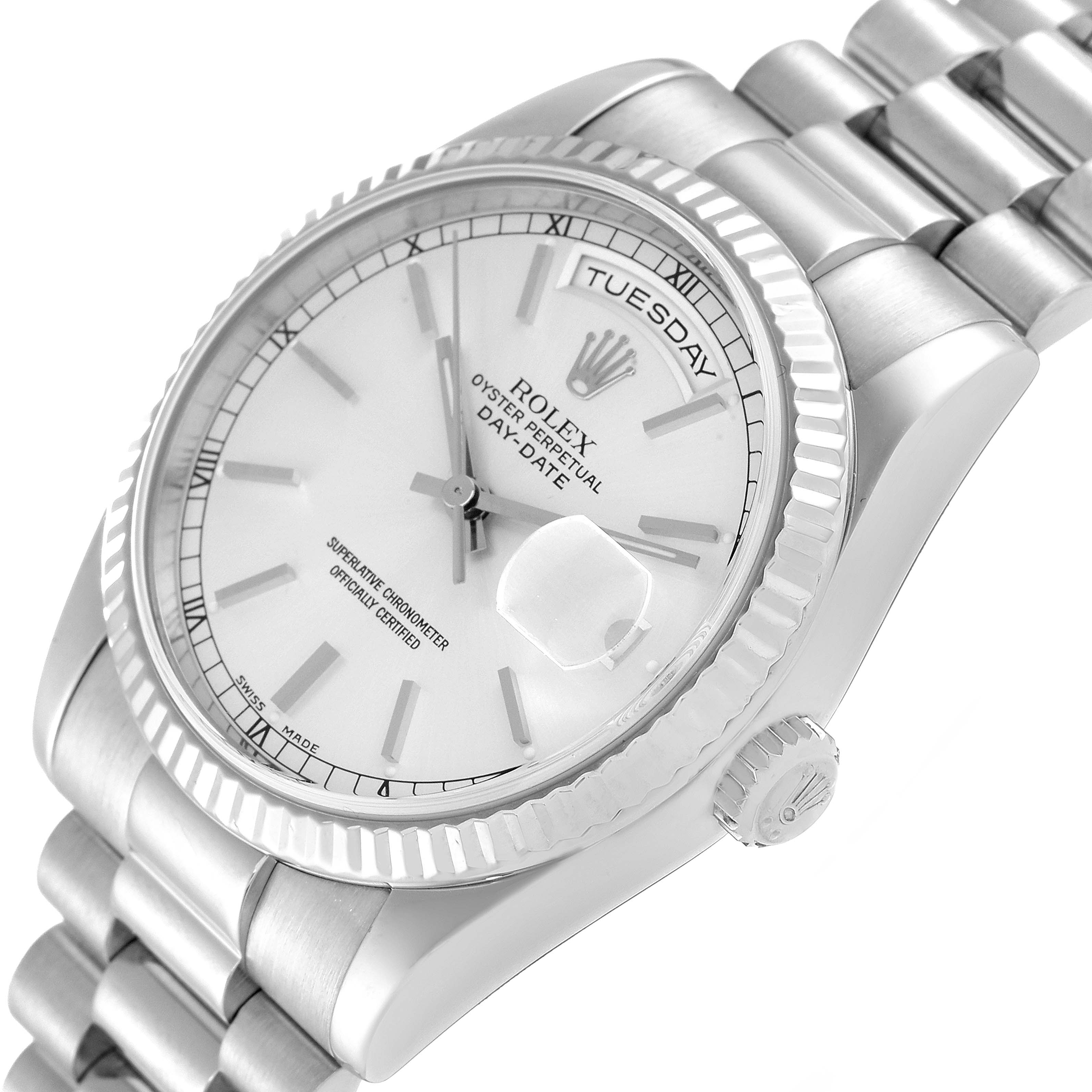 The image shows a close-up, angled view of the dial, bezel, and bracelet of a Rolex President 118239 Men's White Gold Silver Dial 118239 Men's White Gold Silver Dial model watch.