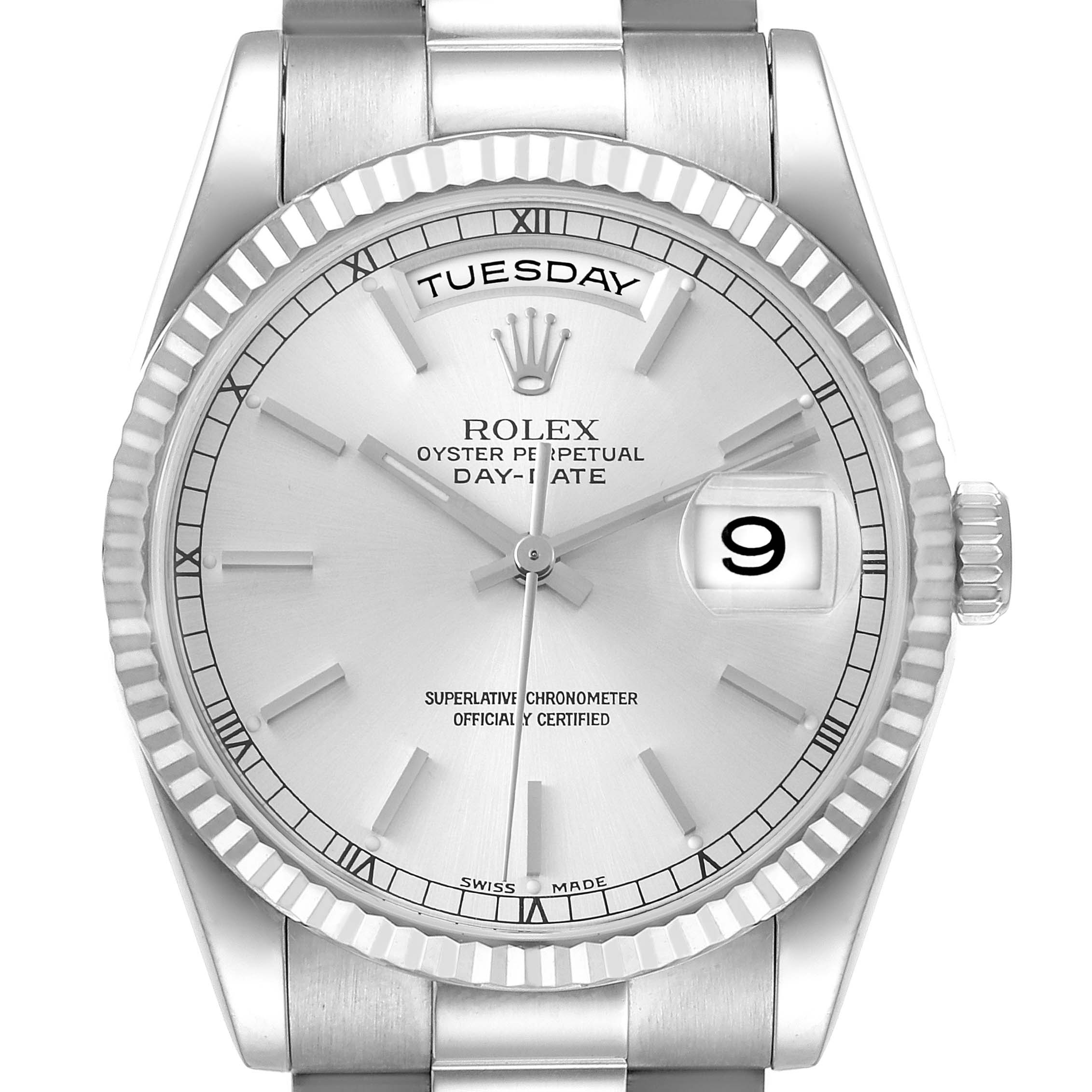 The image shows a front view of the Rolex President 118239 Men's White Gold Silver Dial 118239 Men's White Gold Silver Dial model watch, detailing the face, bezel, crown, and part of the bracelet.
