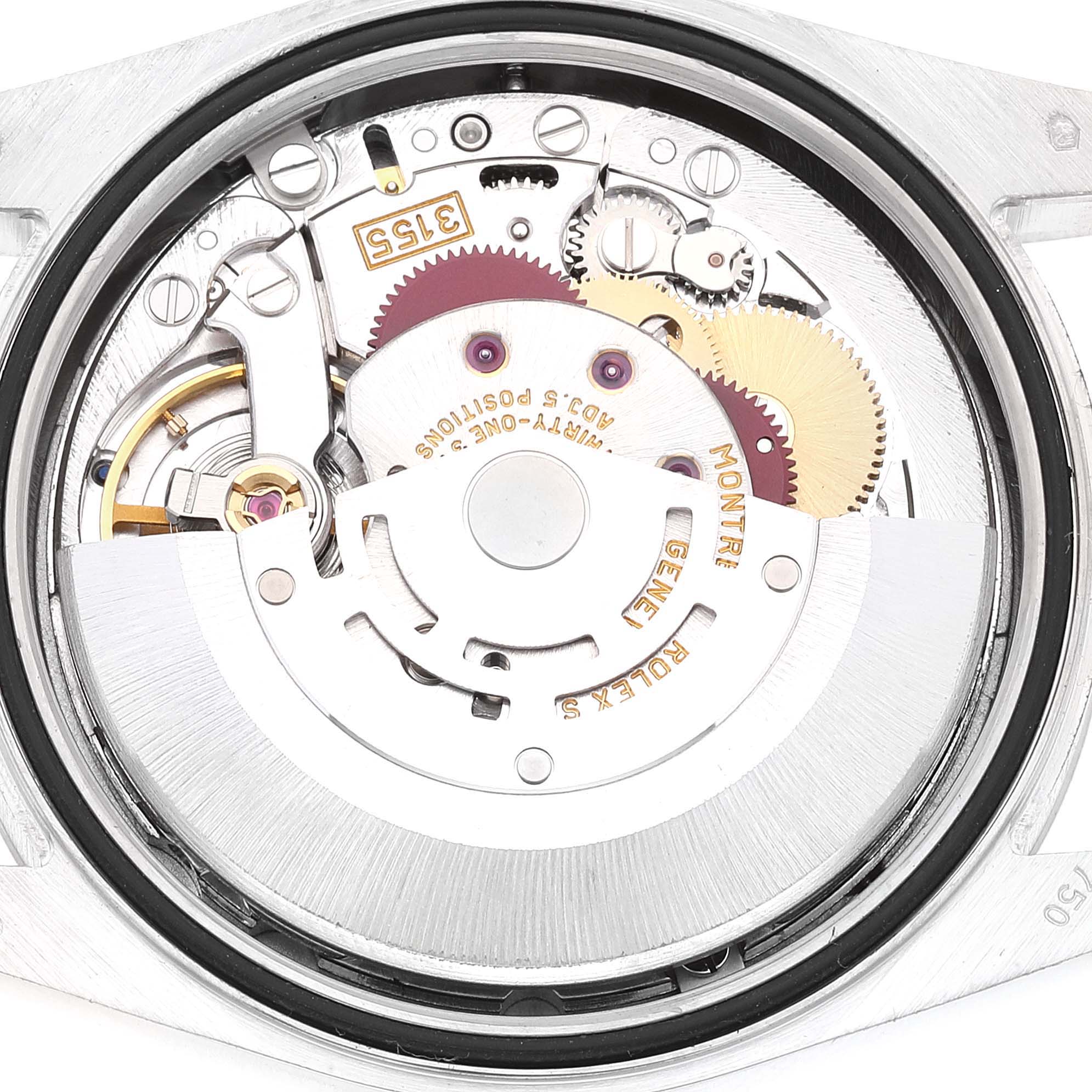 This image shows the internal movement mechanism of the Rolex President 118239 Men's White Gold Silver Dial 118239 Men's White Gold Silver Dial model from a top-down angle.
