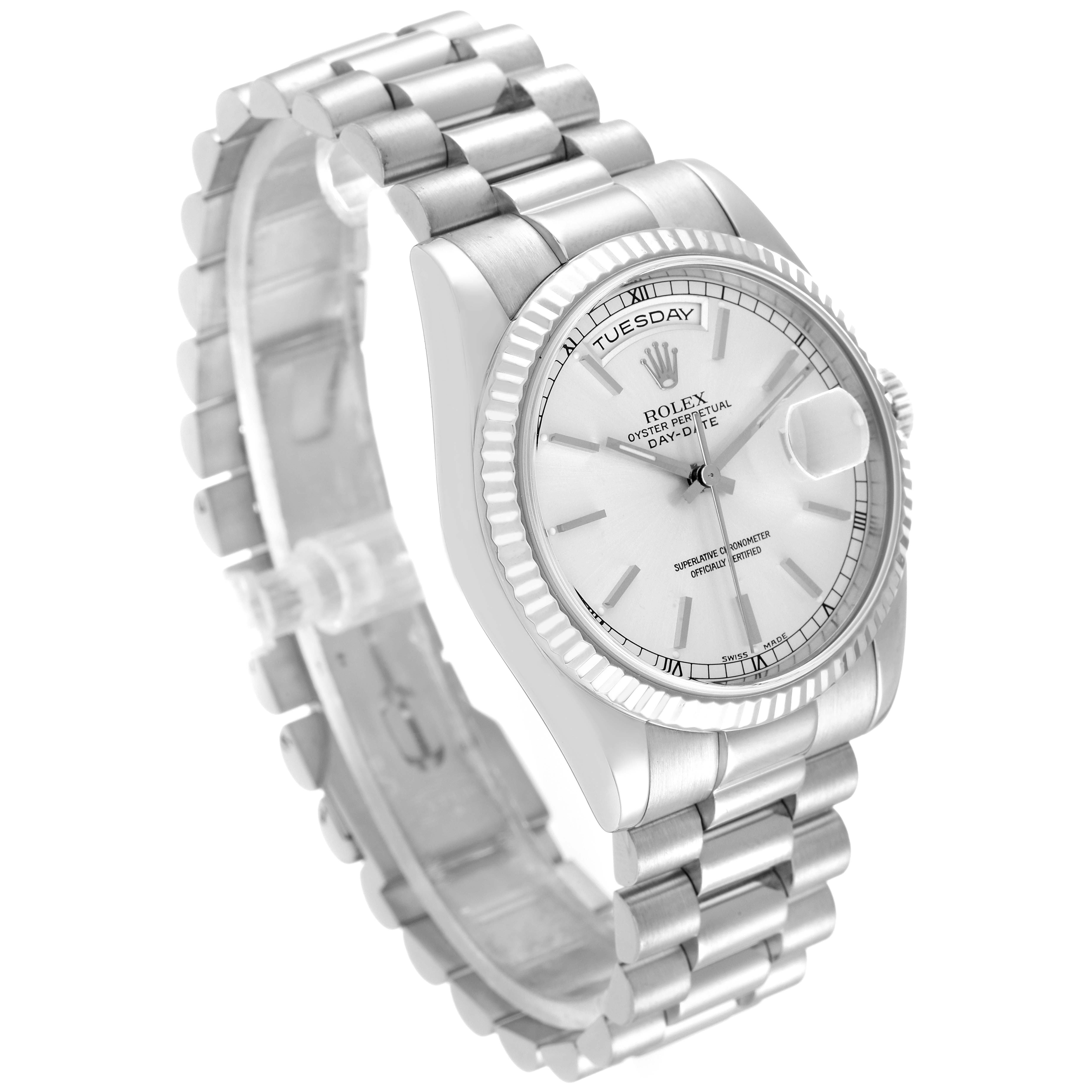 The image shows a Rolex President 118239 Men's White Gold Silver Dial 118239 Men's White Gold Silver Dial model watch angled to display the face, band, and bezel clearly.
