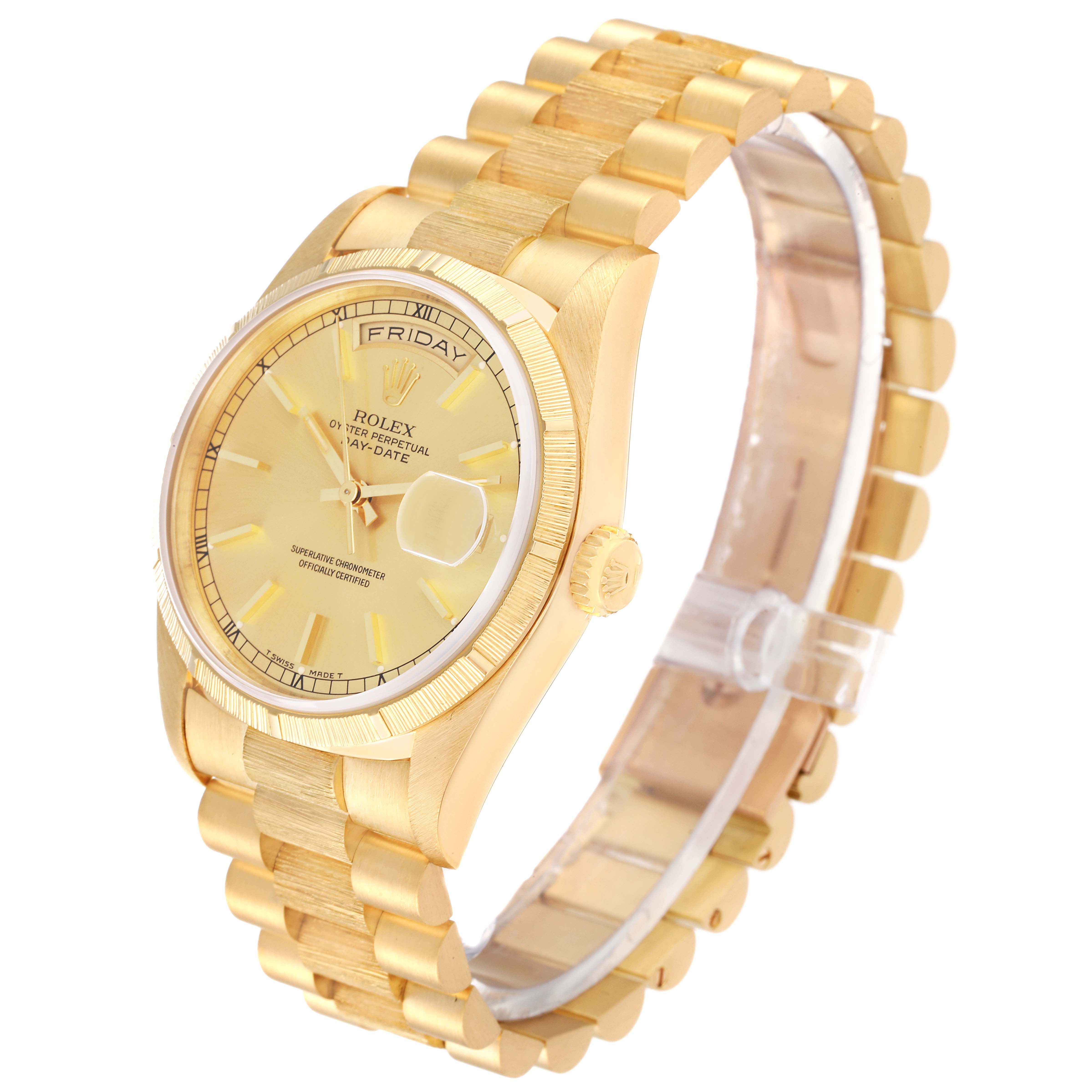 The Rolex President 18248 Men
s Yellow Gold Champagne Dial 18248 Men
s Yellow Gold Champagne Dial model watch is shown at an angle displaying its gold case, dial, bracelet, and crown.