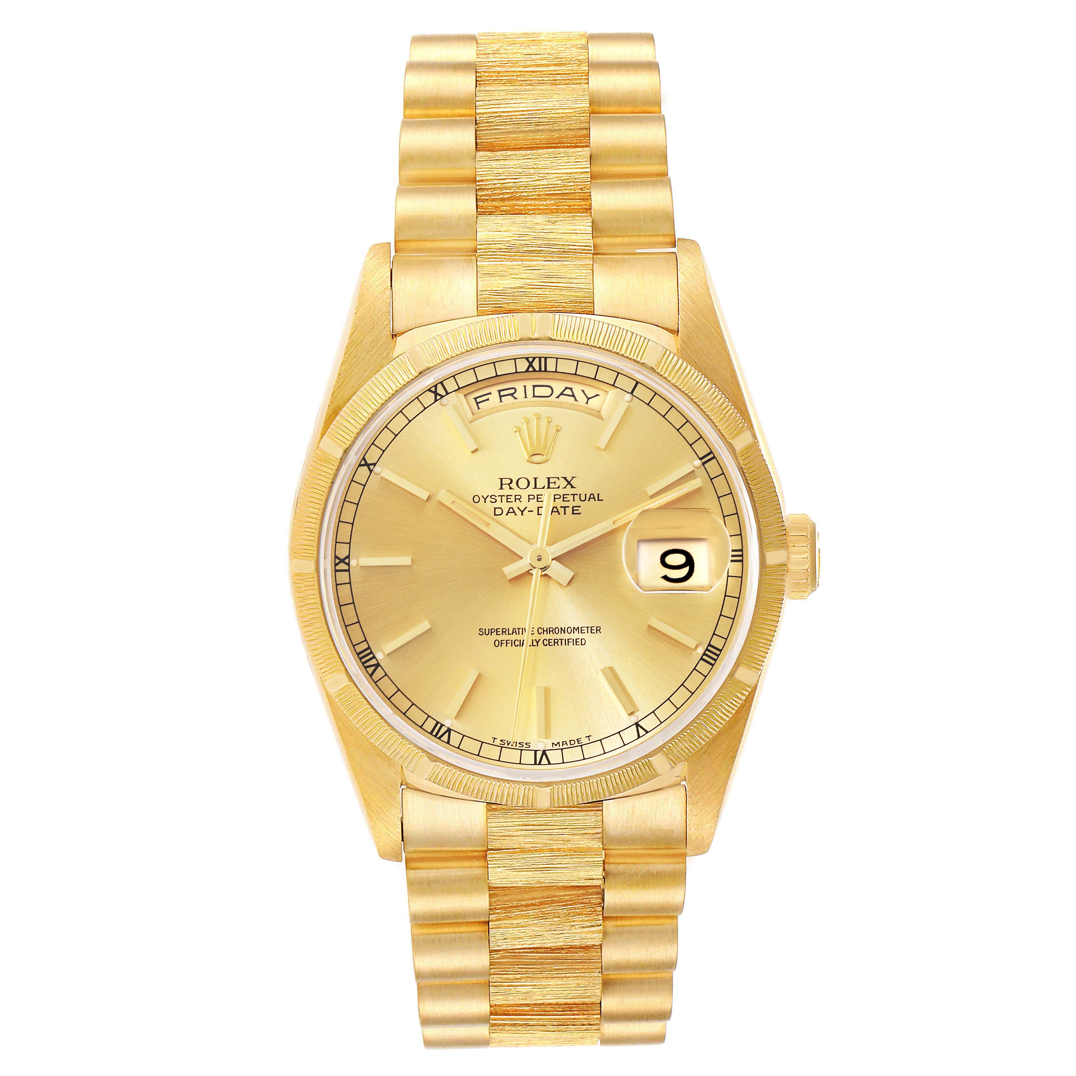 The image shows a frontal view of a Rolex President 18248 Men
s Yellow Gold Champagne Dial 18248 Men
s Yellow Gold Champagne Dial model watch, highlighting the dial, day and date displays, and the bracelet.
