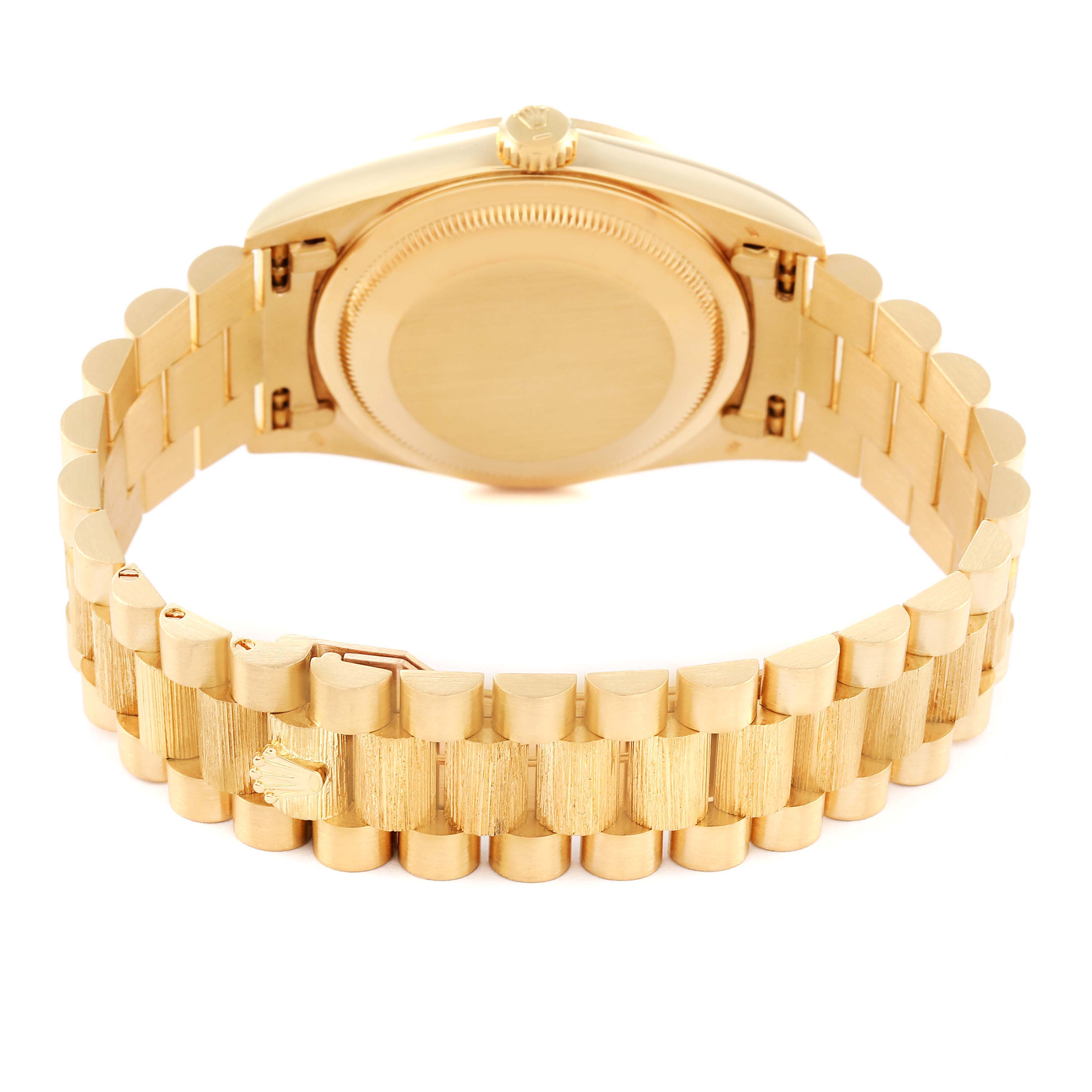 The image shows the back view of a Rolex President 18248 Men
s Yellow Gold Champagne Dial 18248 Men
s Yellow Gold Champagne Dial model watch, highlighting the case back and bracelet.